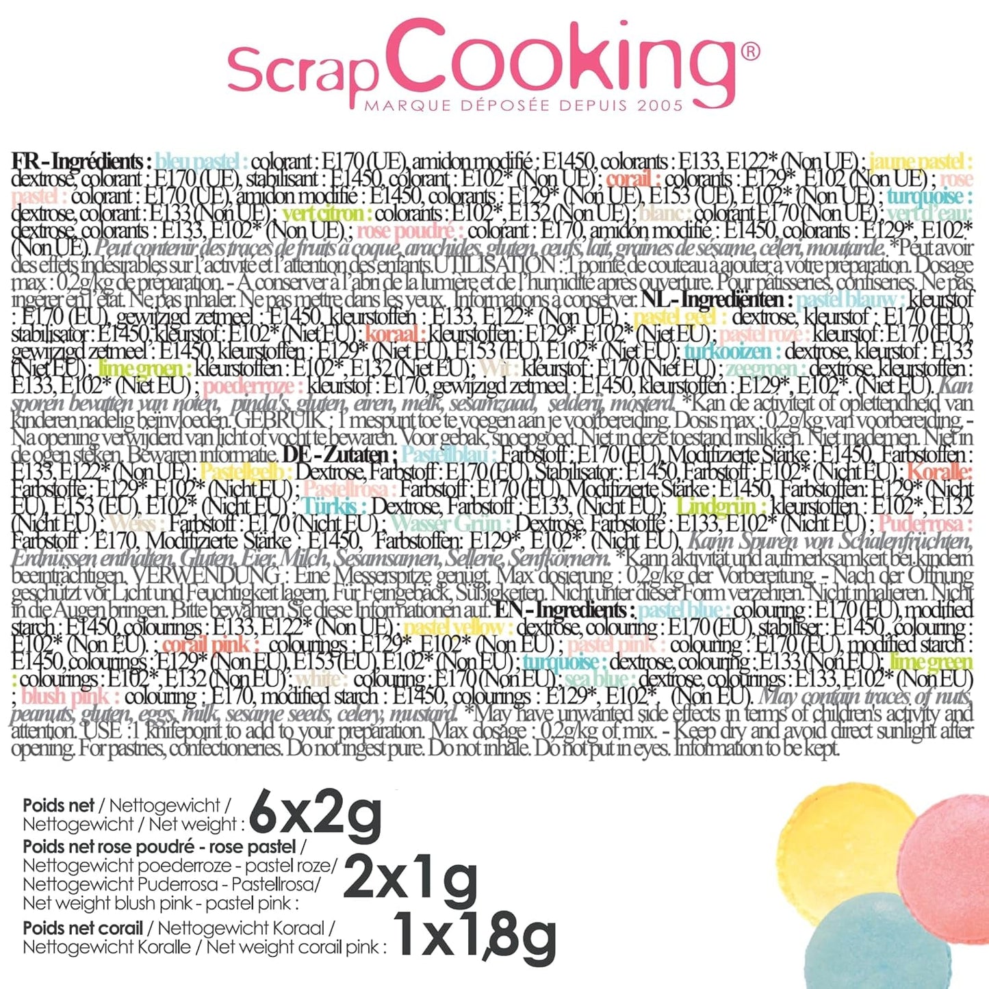Scrapcooking - Lot de 9 colorants alimentaires pastel - Bleu, Jaune, Corail, Rose, Turquoise, Vert Anis, Blanc, Vert Aqua, Rose Poudré - Poudre colorante comestible pour gâteaux, muffins, macarons - 4272