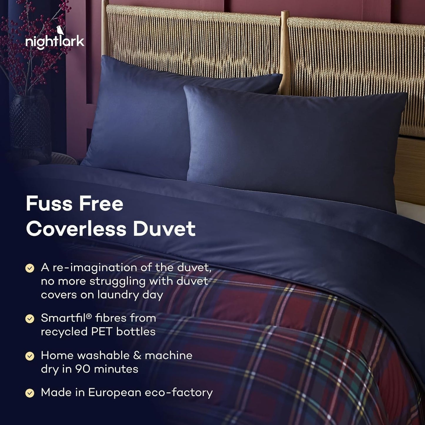 Night Lark Parure de lit et taie d'oreiller, 10,5 tog, simple, tartan rouge classique, literie de luxe, hypoallergénique, lavable en machine, couettes et édredons Naty Shop