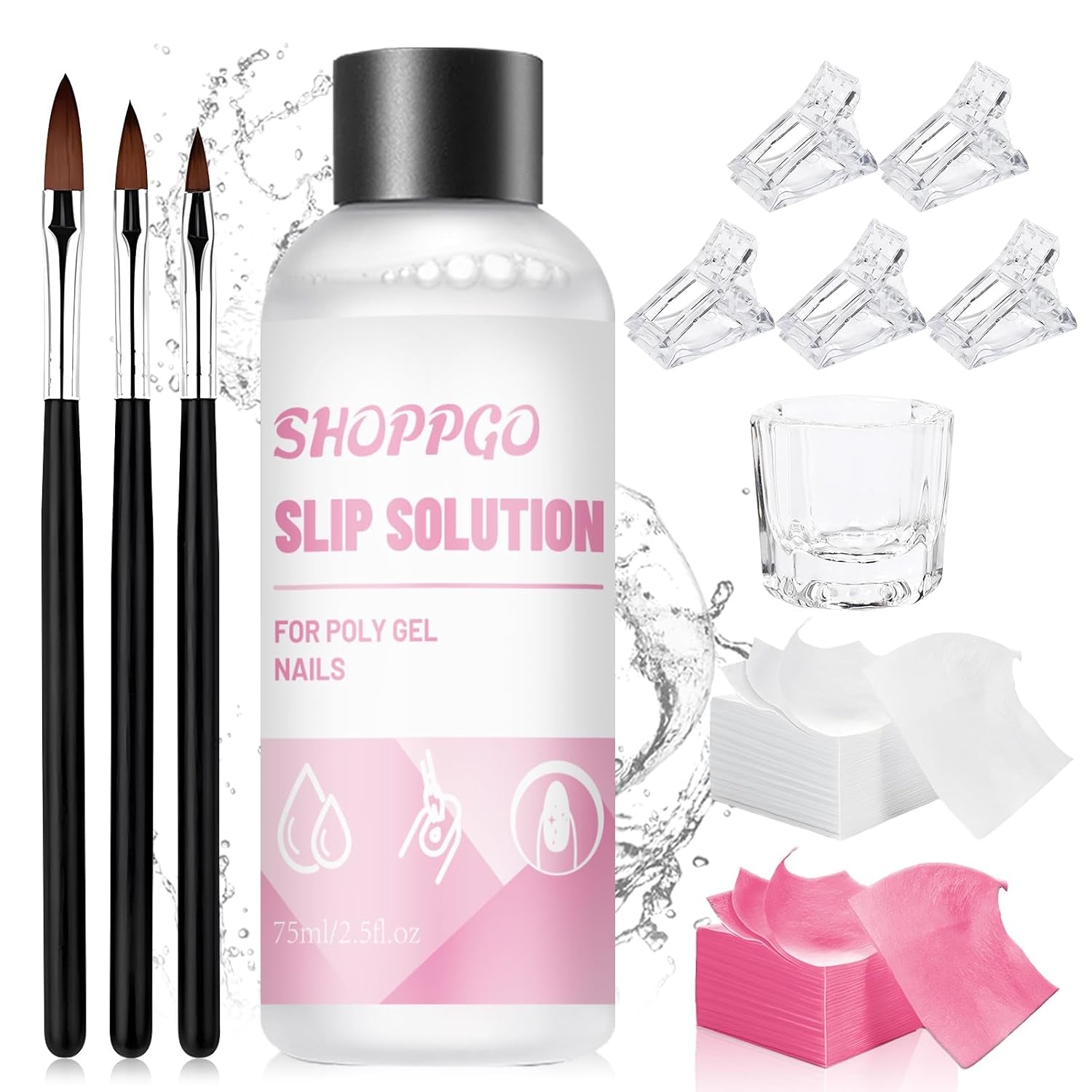 Solution pour ongles Polygel, kit de solution pour ongles Poly Gel Slip, solutions pour ongles liquides Polygel 75 ml, 5 clips pour pointes d'ongles, 3 brosses à ongles, 1 tasse en cristal, 100 feuilles de nettoyage