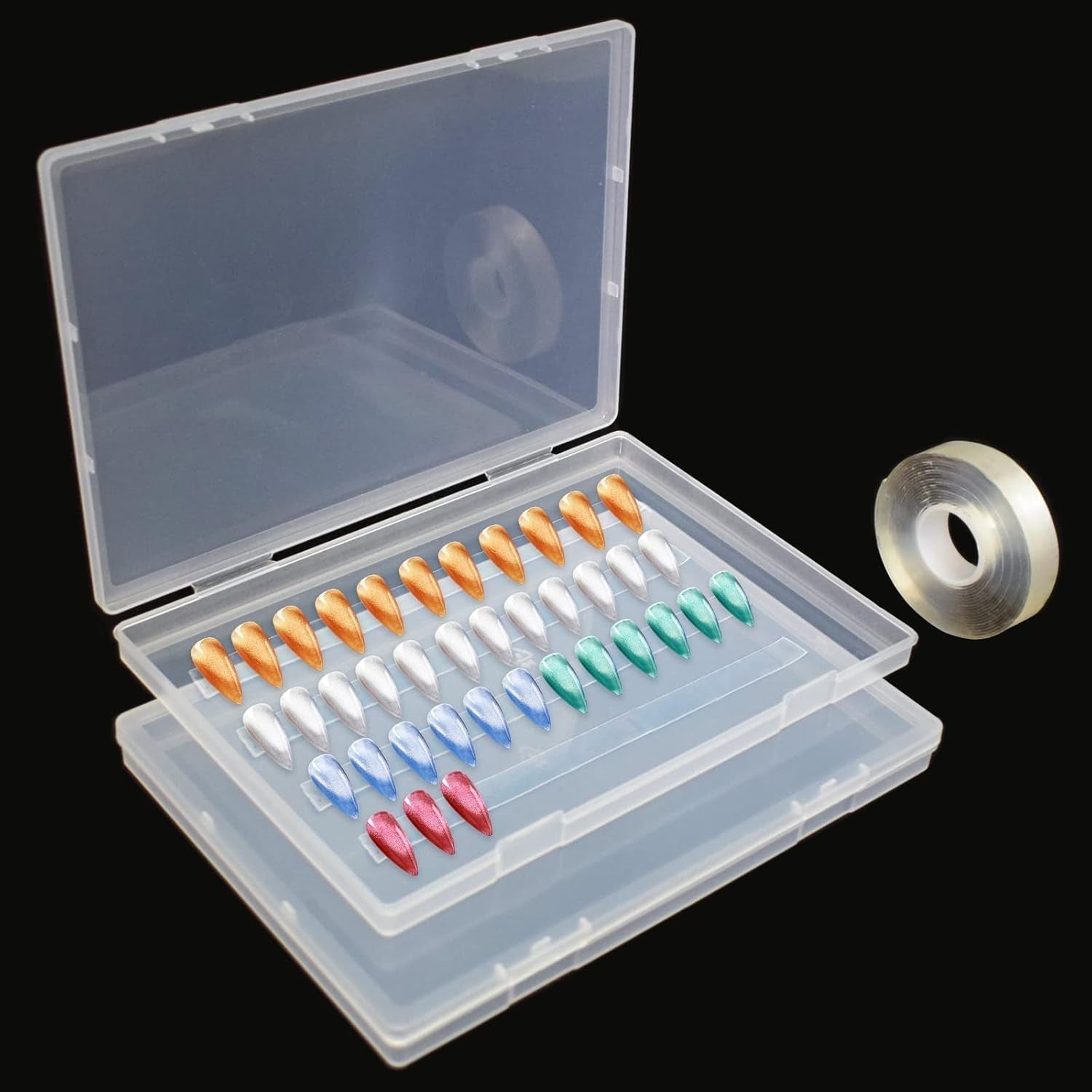 2 pièces 30 cm ruban adhésif double face boîte de rangement pour ongles artificiels boîte rectangulaire transparente boîtes d'emballage en plastique conteneur de pointes d'ongles ongles artificiels 21.8x15.5 cm