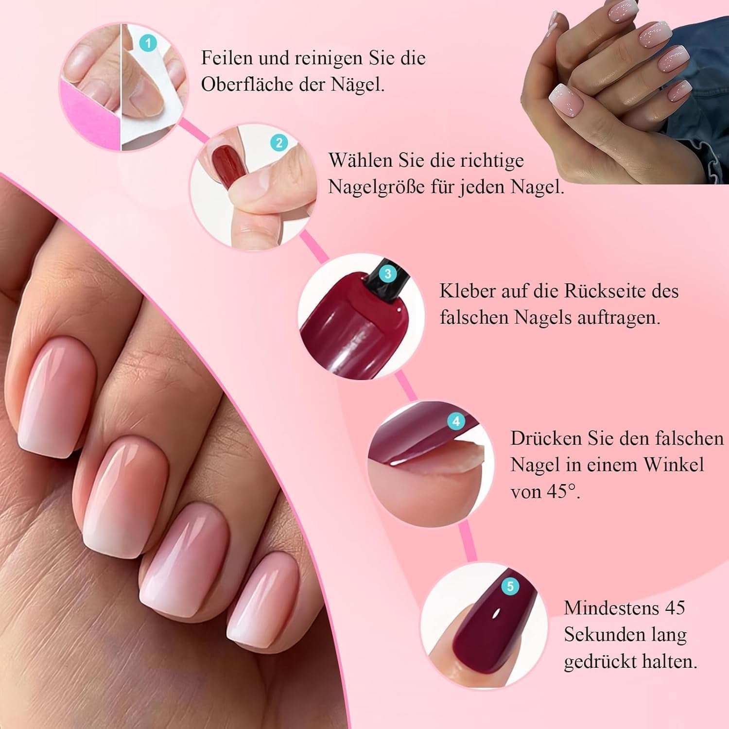 Kit de faux ongles 360 pièces – Faux ongles courts nus, rose, blanc, dégradé – Carré à coller sur faux ongles – Couverture complète, brillants, autocollants pour femmes et filles (carré)