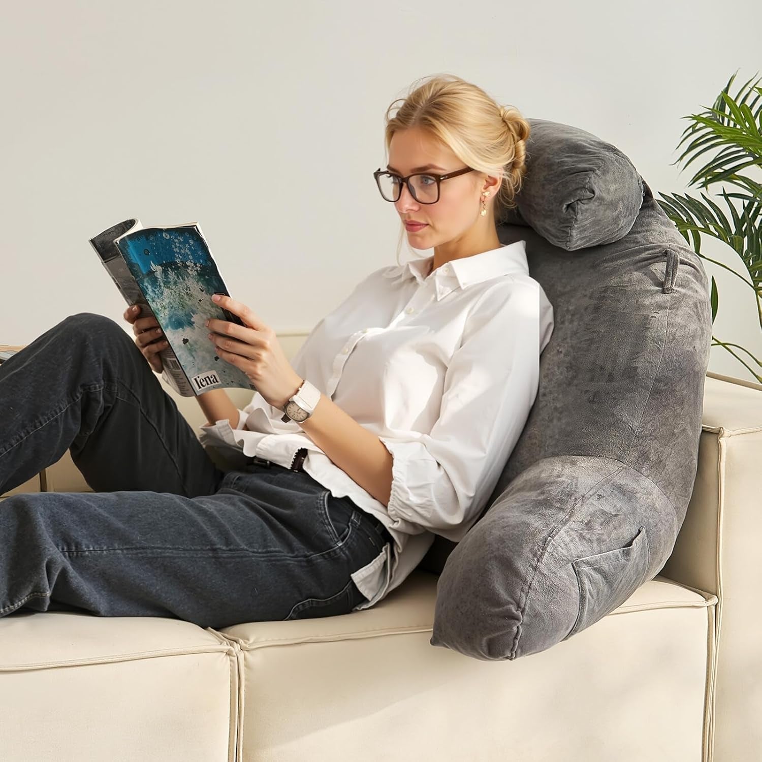 VEVOR Oreiller de lecture, oreiller de lit (grand) avec appui-tête amovible, oreiller de dos à 3 poches et tissu en velours court lavable et mousse à mémoire de forme déchiquetée, côté avec poignée, pour regarder la télévision, lire, jouer