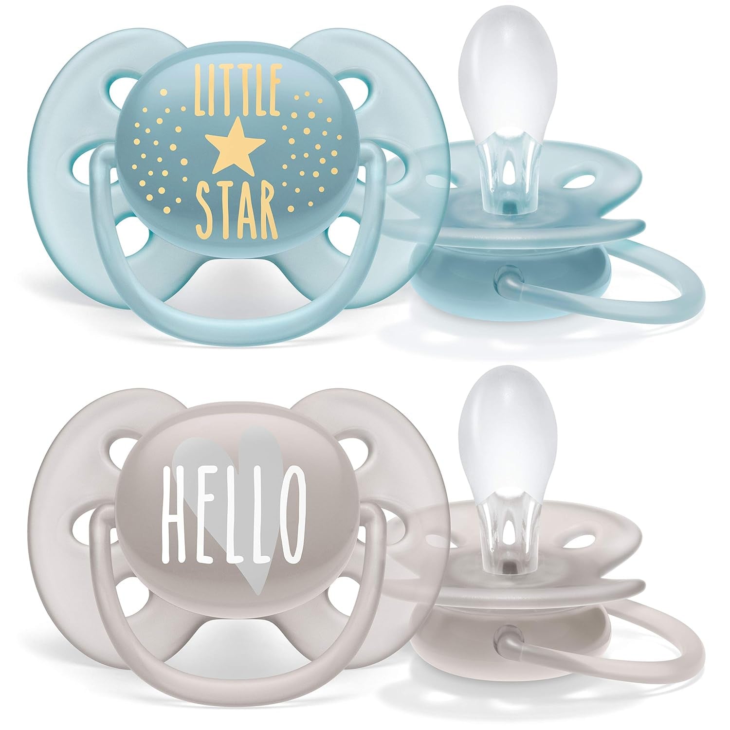 Sucettes Philips AVENT Ultra Soft - paquet de 4 sucettes extra douces sans BPA pour bébés âgés de 0 à 6 mois, comprenant étui de transport et stérilisation (Modèle SCF091/35)