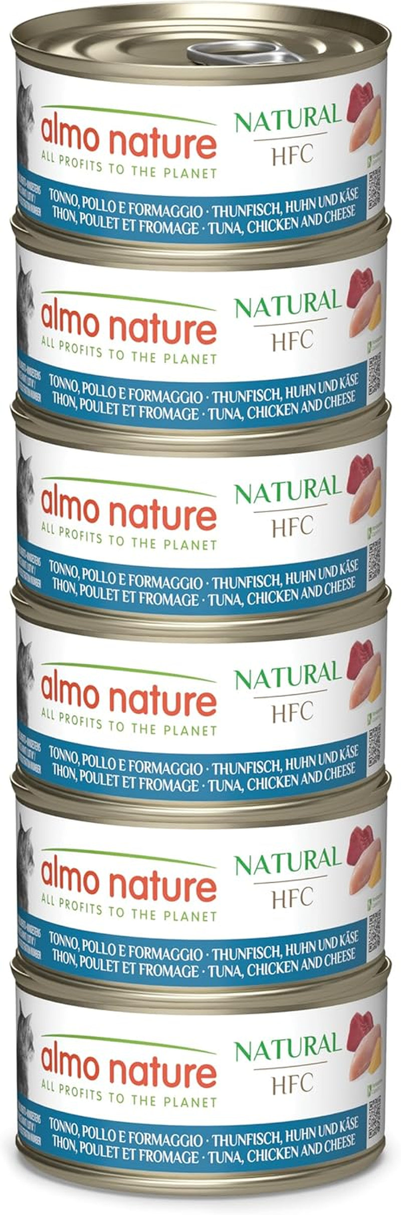Almo Nature HFC Natural - Nourriture humide pour chat adulte - Thon, Poulet et Fromage - Qualité humaine, Sans gluten - 6 x 70g