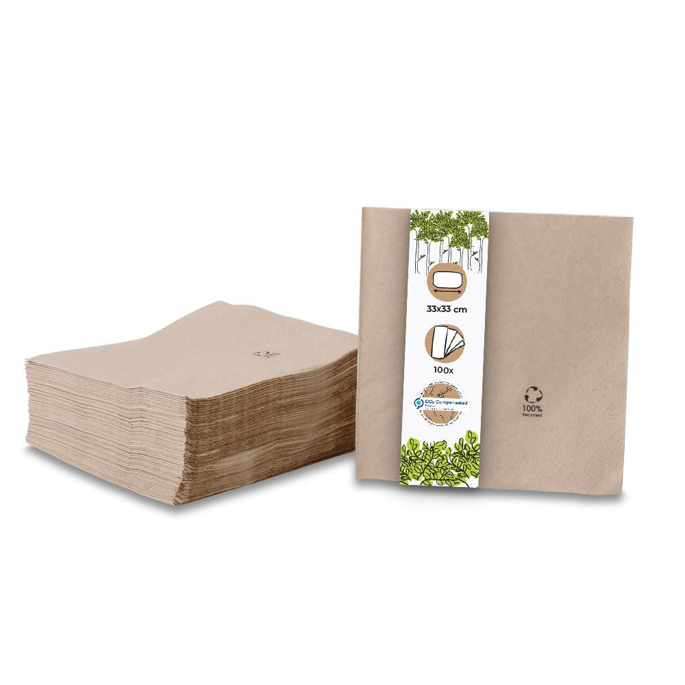 Serviettes écologiques biologiques fabriquées à partir de papier recyclé I Serviettes en papier de haute qualité 10 x 10 cm I 100 pièces Serviettes à cocktail non blanchies biodégradables compostables