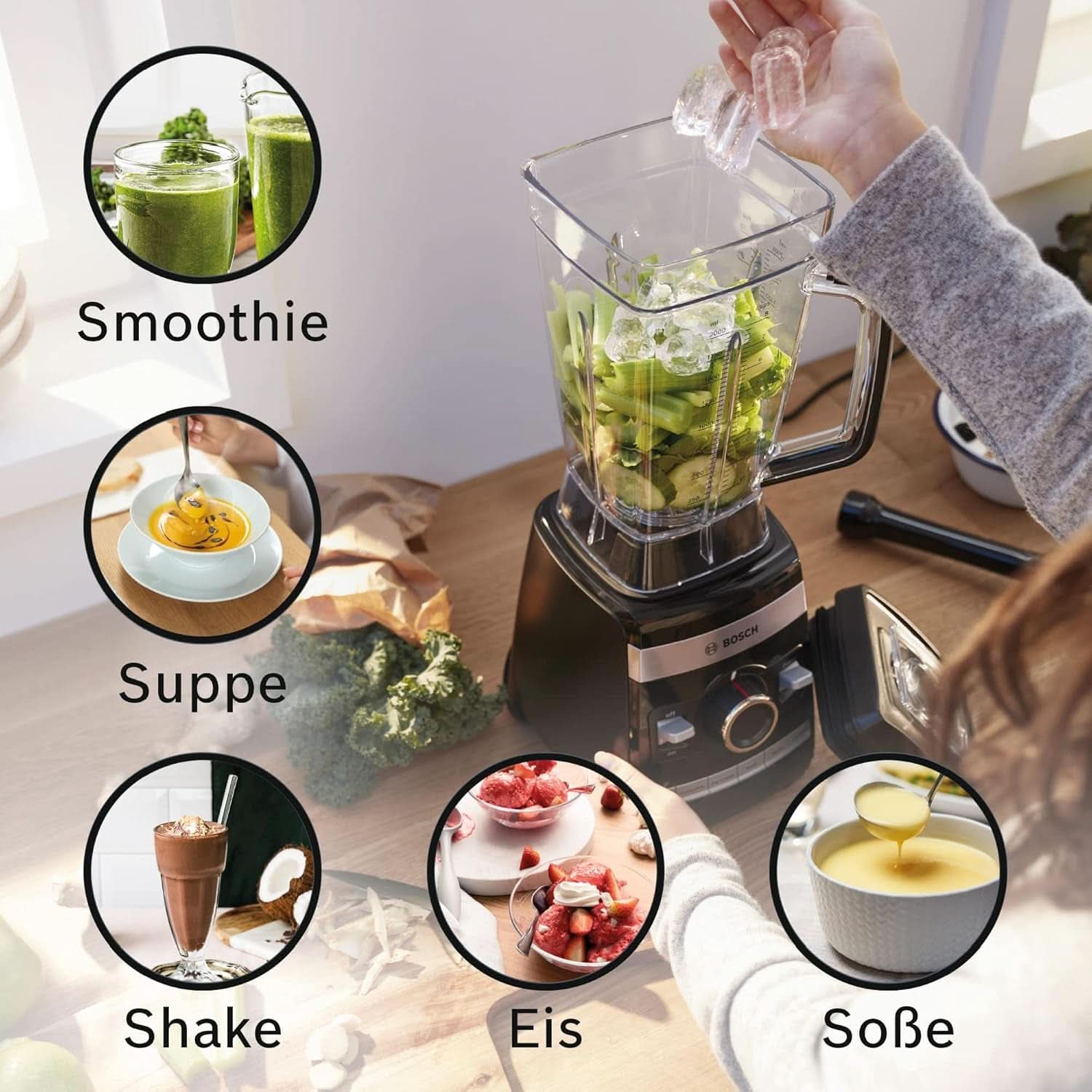 Bosch Batteur sur socle Vitaboost MMBH6P6BDE, 6-Klingen-Edelstahlmesser, 2.5L Tritan-Mixbehälter, Stopfer, 6 Automatikprogramme, Rezeptbuch, Bpa-Frei, Einfache Reinigung, 45 000 U/Min, 1600 W, Schwarz Bucatarie Naty Shop