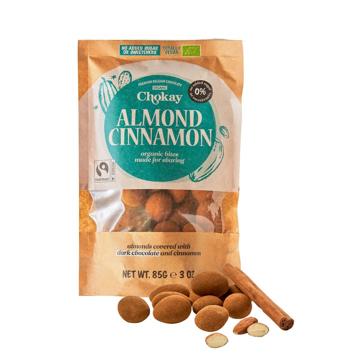 Bouchées biologiques - Amandes à la cannelle et amandes au chocolat noir belge / Sans sucre ajouté, sans édulcorants / Végétalien et équitable / 1 x 85g