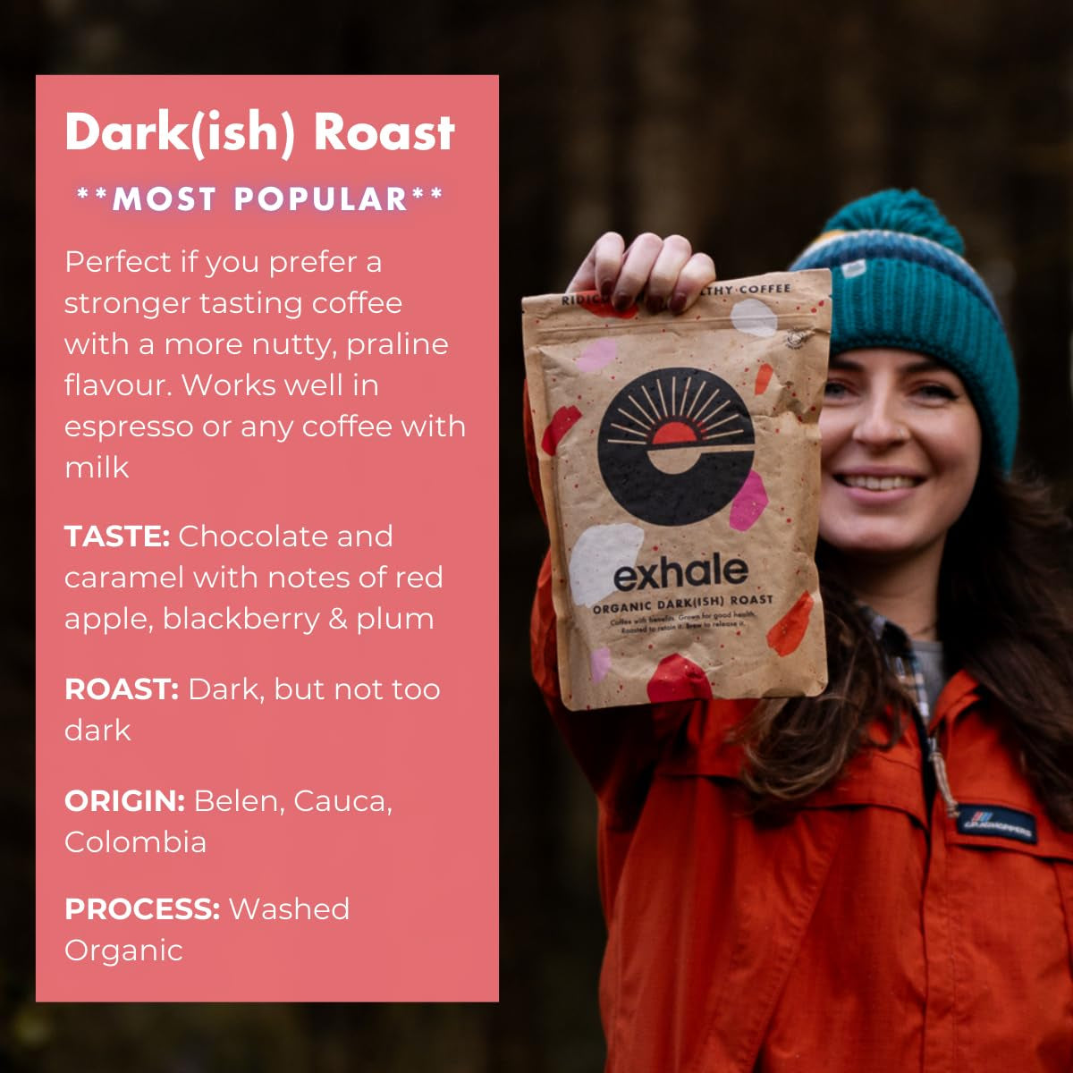 EXHALE Bio GANZE BOHNEN – Dunkel Gerösteter Kaffee – Emballage 450g – Sans mykotoxines et sain pour le café Bulletproof – Origine unique et 100% Arabica Bohnen