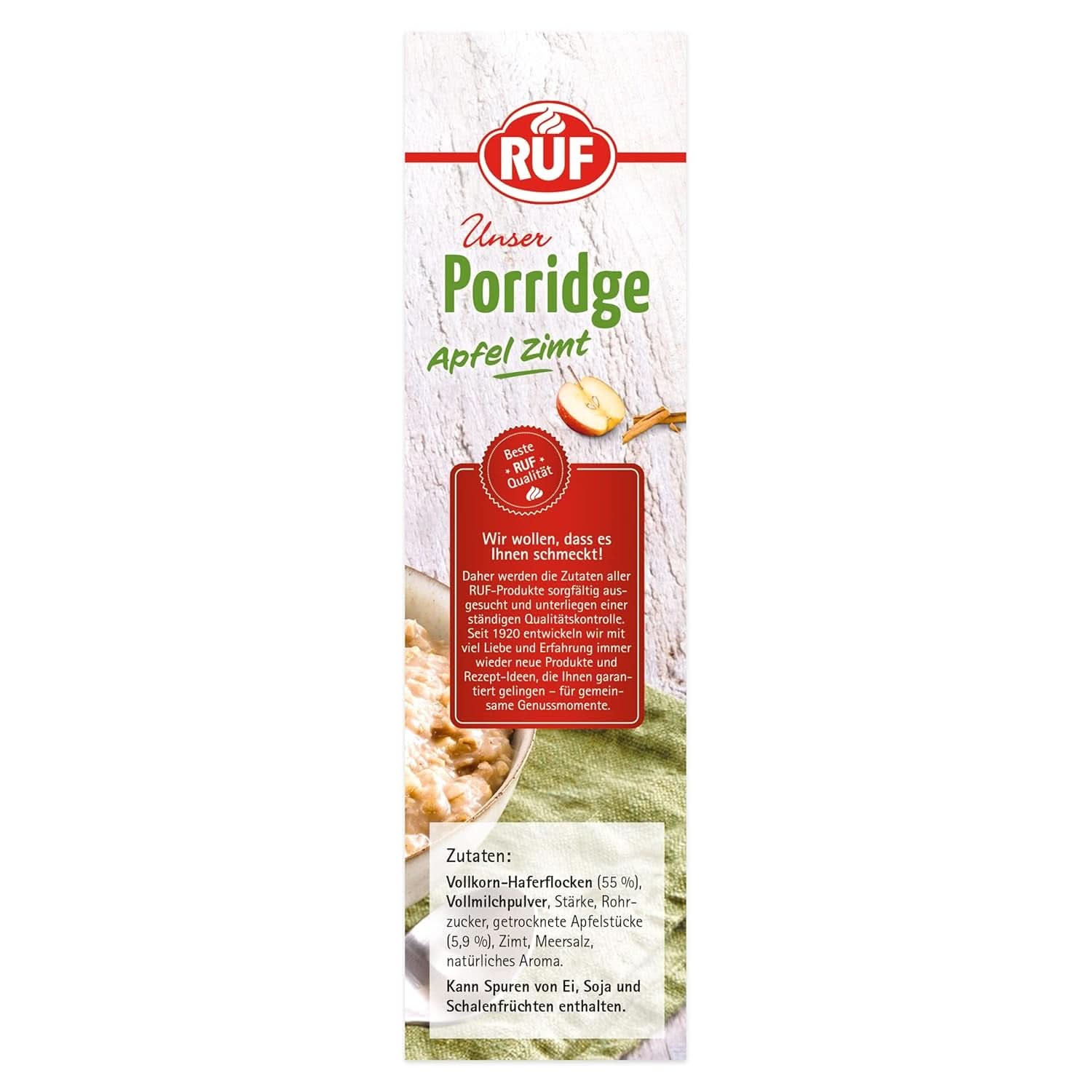 RUF Porridge Pomme Cannelle, avec flocons d'avoine entiers, fine saveur de cannelle et morceaux de pommes séchées, 400 grammes Cereale Naty Shop