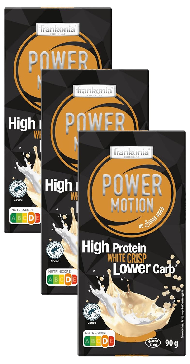 frankonia CHOCOLAT POWER MOTION sans sucre ajouté - Chocolat blanc croquant à haute teneur en protéines et faible en glucides, 90 g