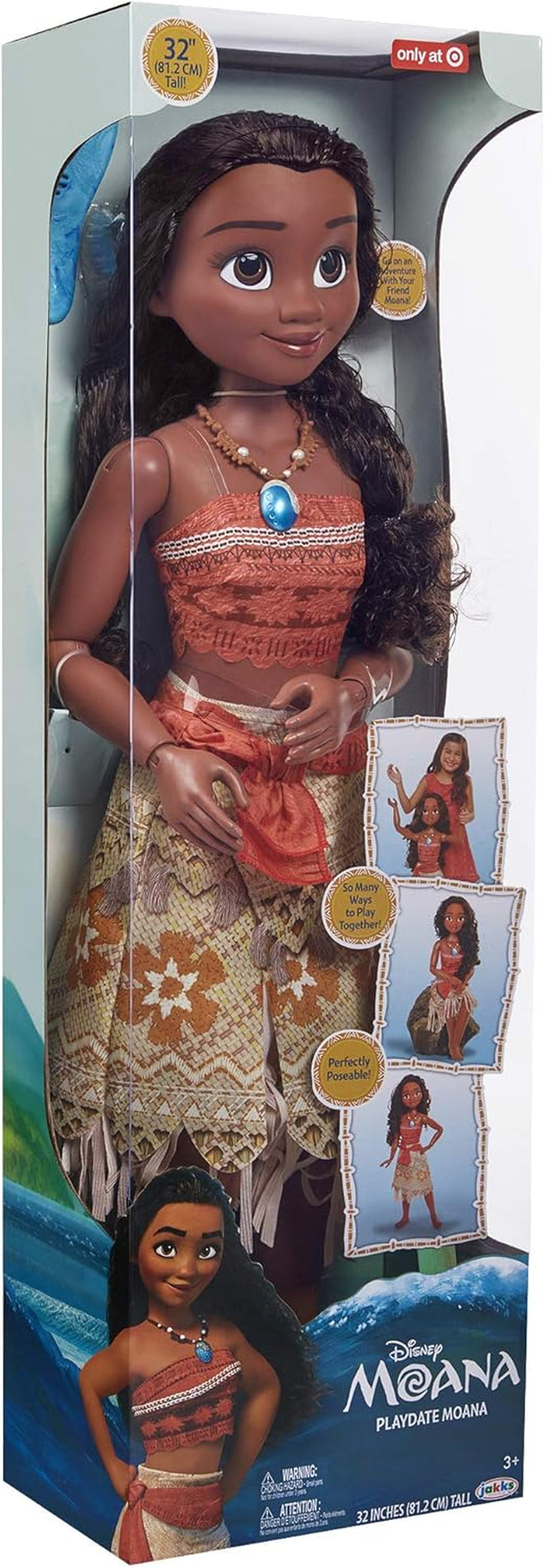 Disney Princess Vaiana, grande poupée de jeu de Jakks Pacific de 80 cm, jolie poupée, avec une brosse à la main dans ses serrures bien fermées, pour un vêtement inspiré du film, porte-clés avec crochets