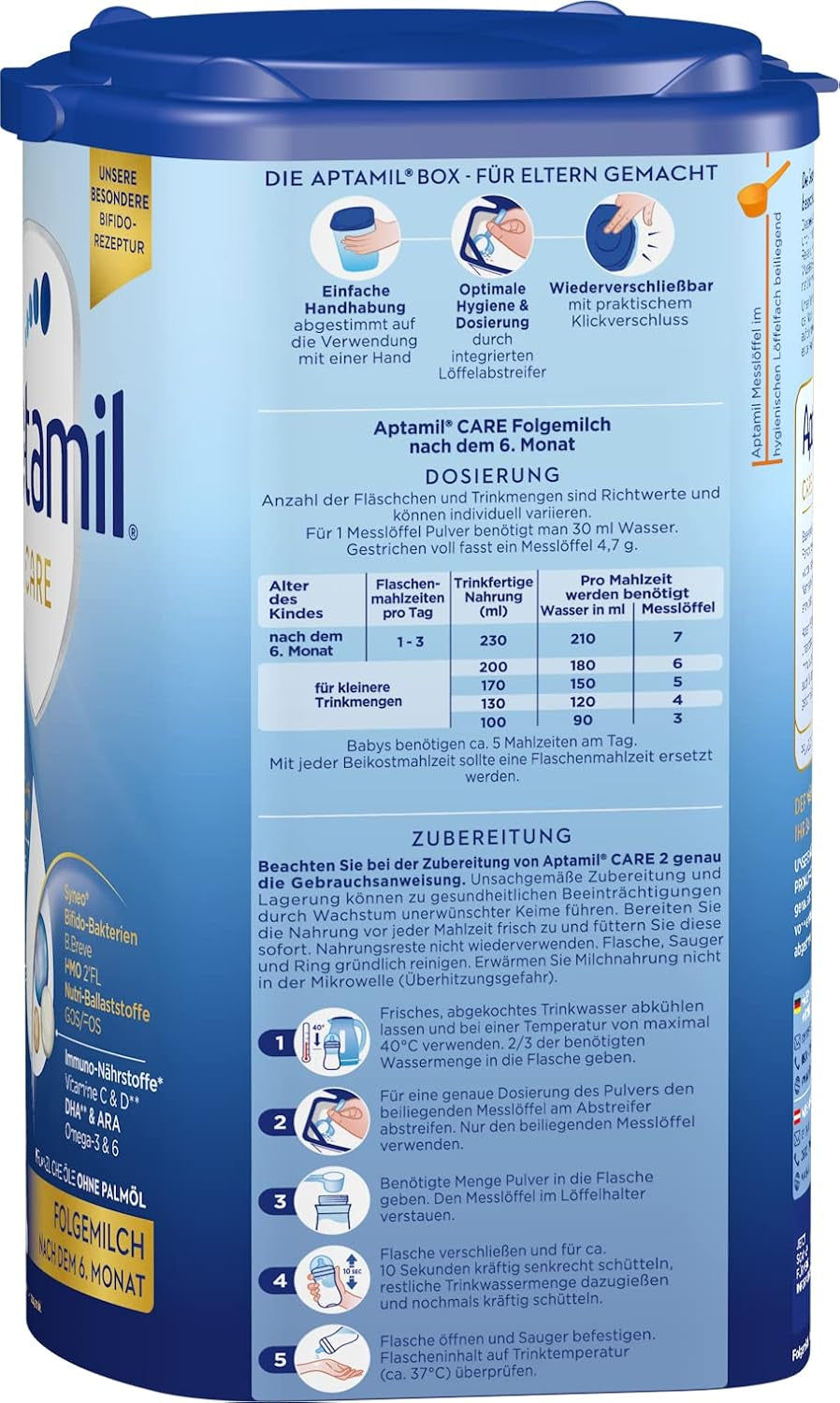 Aptamil Care 2 - Lait de suite après 6 mois, avec Oméga 3 et 6, DHA et ARA, sans huile de palme, nourriture pour bébé, lait en poudre, 1 x 800 g (pack de 3)