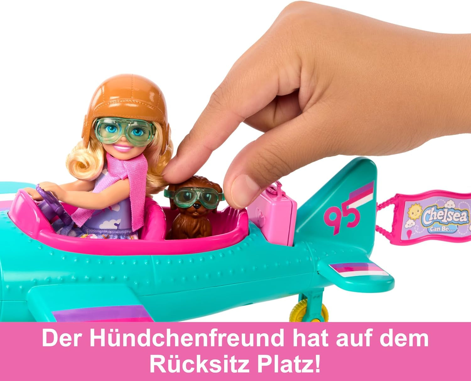 Chelsea Barbie Doll Airplane and Playset – Poupée pilote, avion, chiot et accessoires pour l'heure du conte, roues tournantes et hélices de fleurs, à partir de 3 ans, HTK38