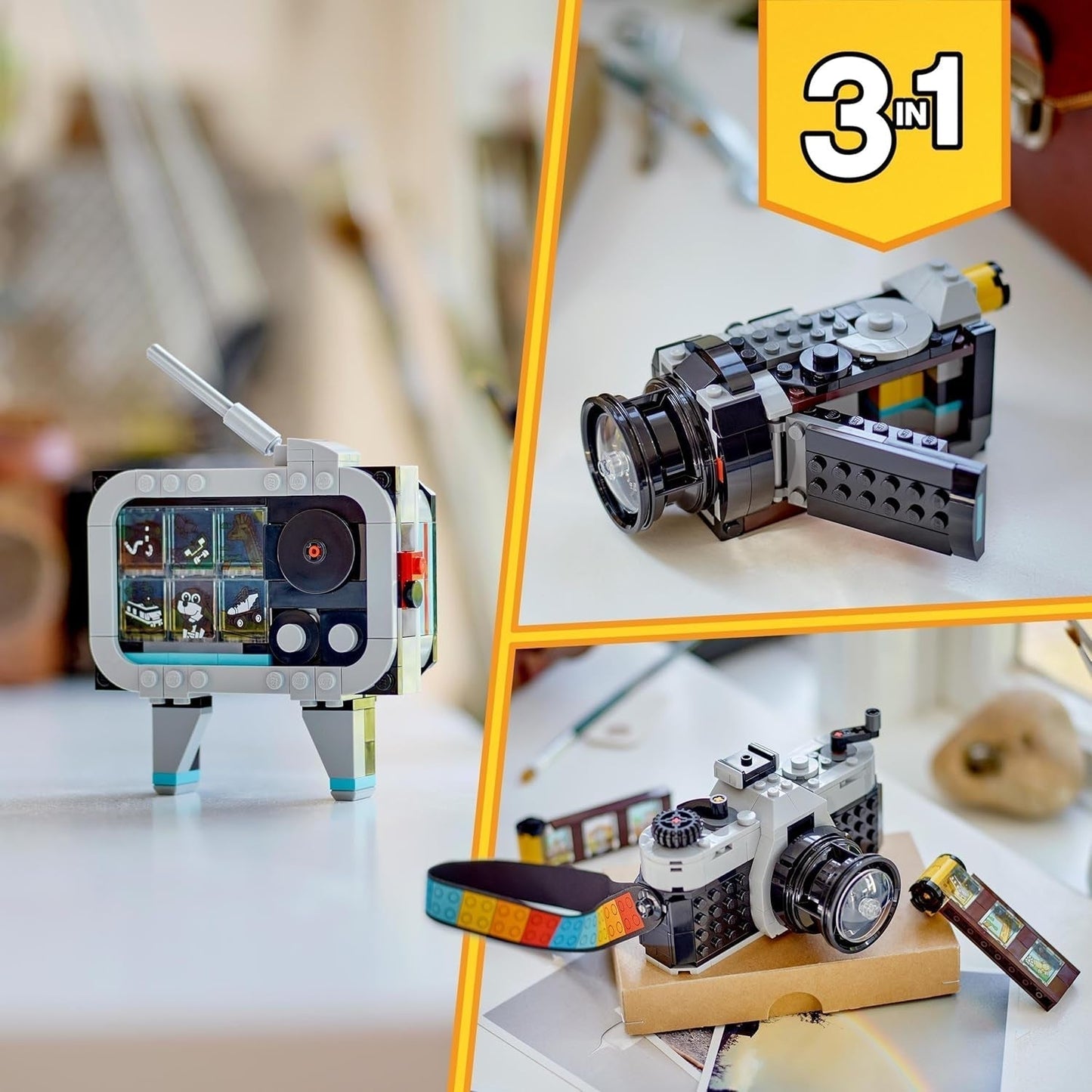 LEGO Creator Jouet appareil photo rétro 3 en 1, caméscope, téléviseur, décorations de bureau pour enfants ou accessoires de chambre, cadeaux de photographie pour filles et garçons de 8 ans 31147 Ensembles de construction Besuche den LEGO-Store