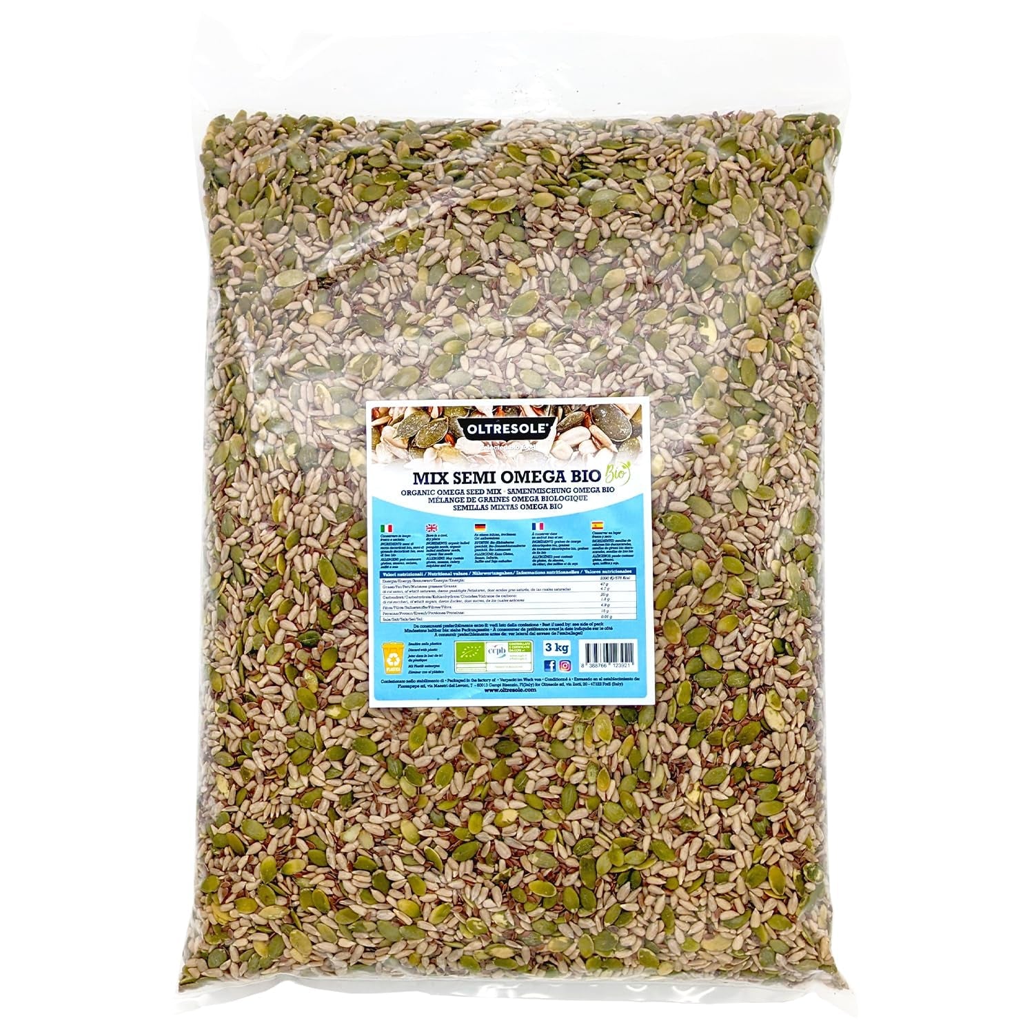 Mélange de graines Omega Bio 3 kg (mélange de graines de courge, de tournesol et de lin), un mélange de 3 graines oléagineuses brutes entières, riches en protéines, fibres et acides gras oméga-3