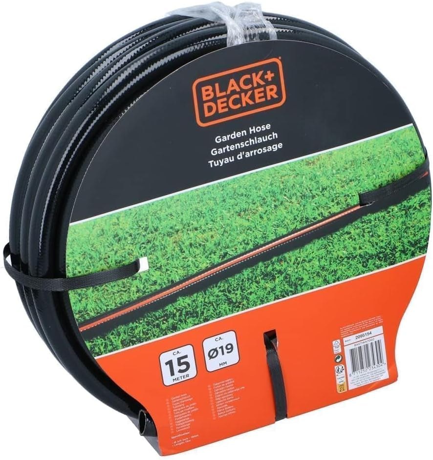 Tuyau d'arrosage BLACK+DECKER 15 mètres - Ø19MM - PVC résistant - Arrosage du jardin, lavage de la voiture, remplissage de la piscine - Compatible avec tout robinet standard - Noir/Orange