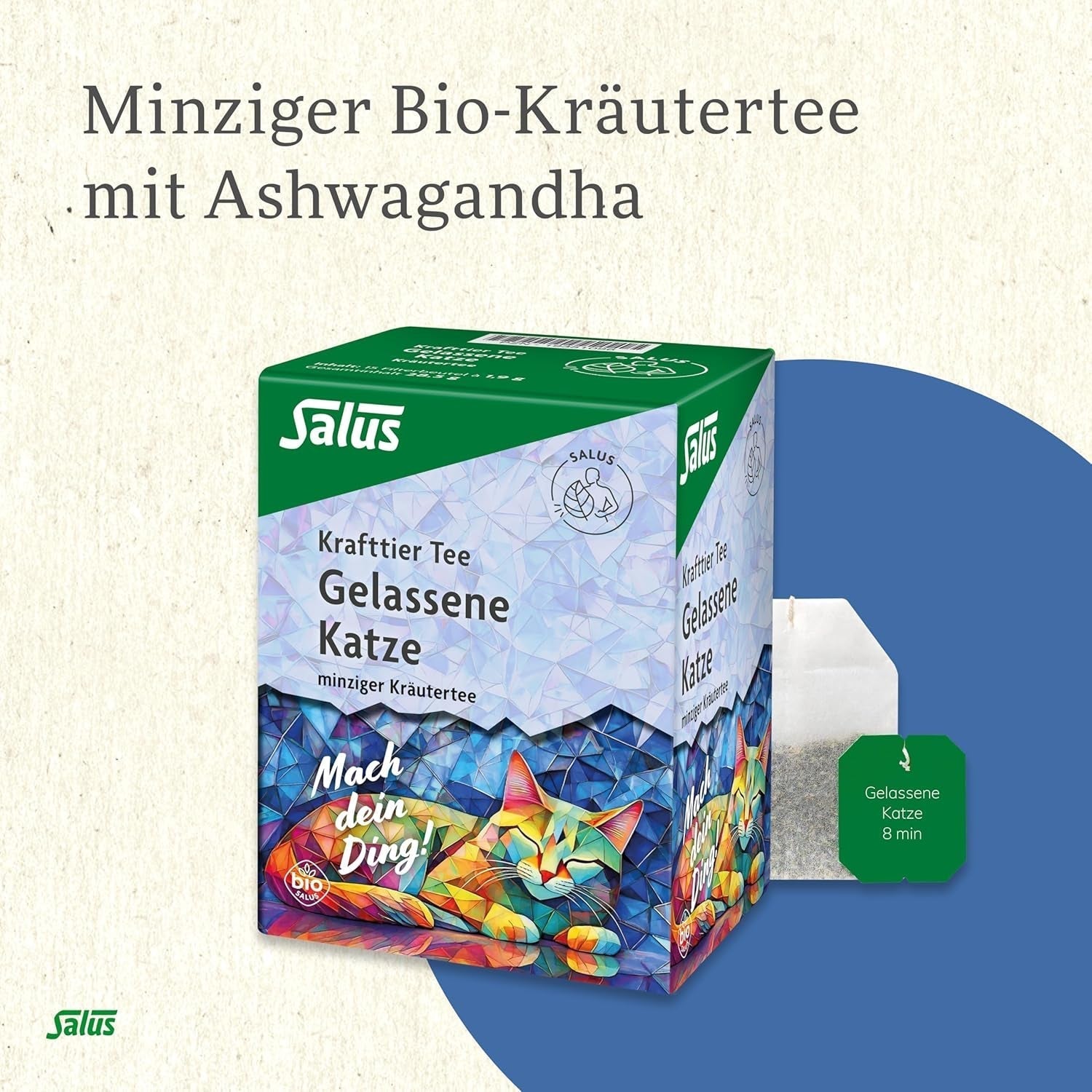 Salus - Thé Krafttier - Le Chat Silencieux - 1X 15 Sachets Filtres (28,5g) - Tisane Menthe avec Ashwagandha - Bio