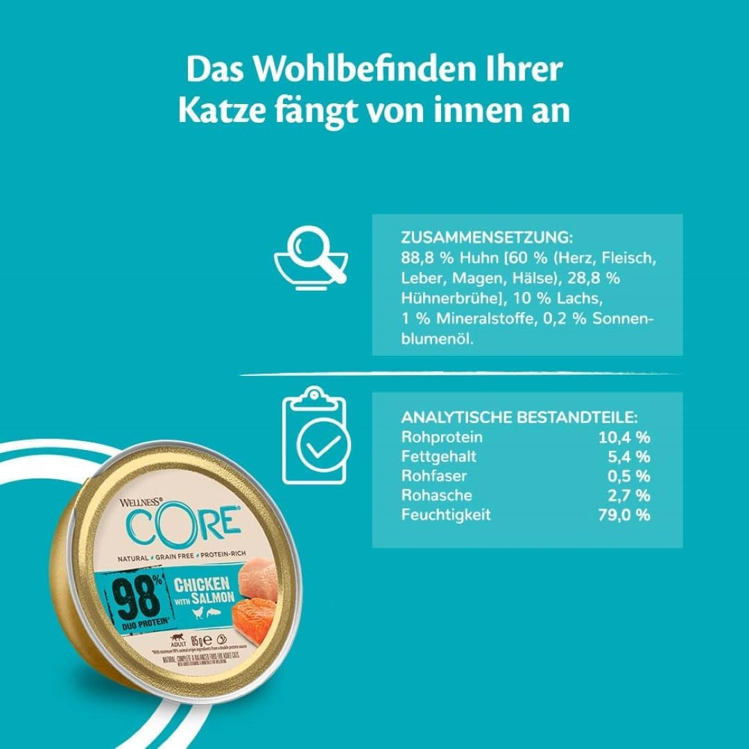 Wellness CORE 98% 12 x 85g, Poulet et Saumon - Nourriture humide pour chats, pâté épais, sans céréales, naturelle, hypoallergénique, riche en protéines, riche en viande