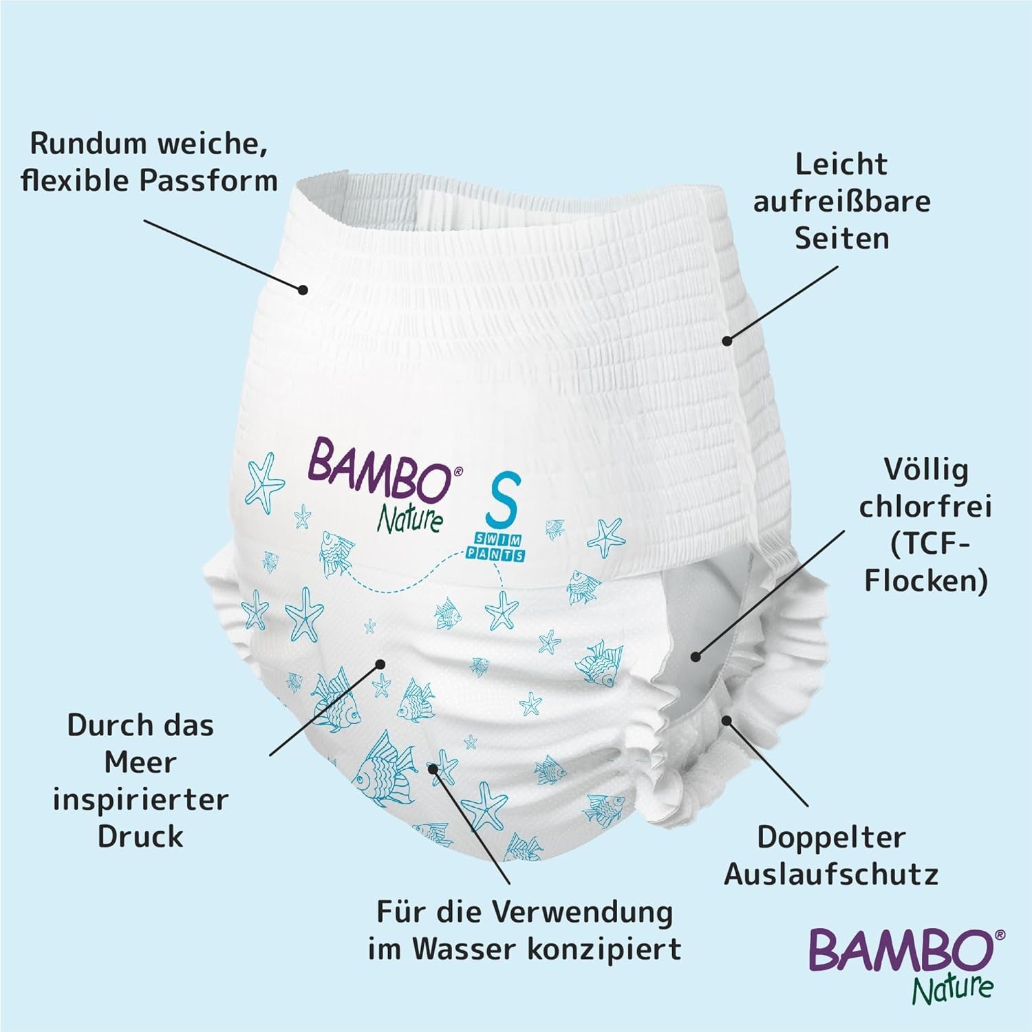 Couches de bain Bambo Nature Baby, taille S (7-12 kg), 12 couches | Couches de bain jetables Secure Fit | Confort imperméable pendant les jeux aquatiques