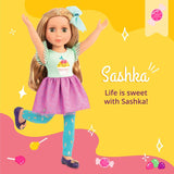 Glitter Girls - Sashka - 36 cm Bewegliche Modepuppe - Cheveux blonds et cheveux verts - Cupcake-Kleid mit Haarschleife - Glitzerschuhe & Gepunktete-Leggings - 3 ans +