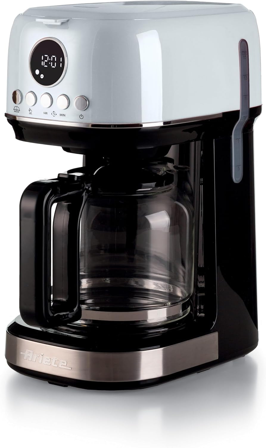 Ariete Moderna 1396 Machine à expresso à filtre pour préparer du café américain jusqu'à 15 tasses Carafe en verre Plaque chauffante Écran LCD Filtres amovibles et lavables Blanc