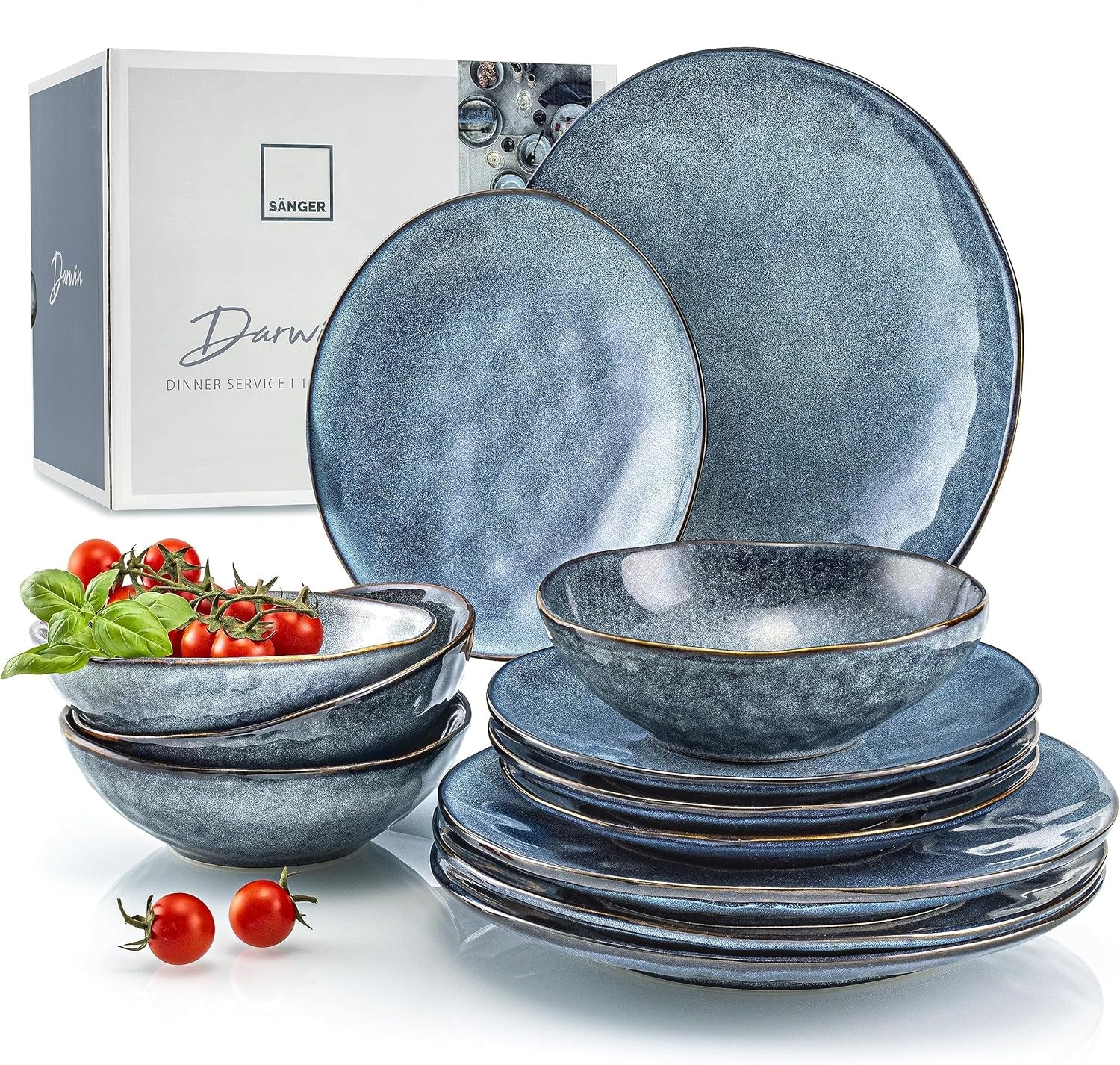 SANGER | Service de table Darwin 12 pièces, service de table en grès pour 4 personnes, service de table bleu comprenant des assiettes plates, des assiettes à dessert et des assiettes creuses, un service de table fait main | LA COLLECTION PREMIUM