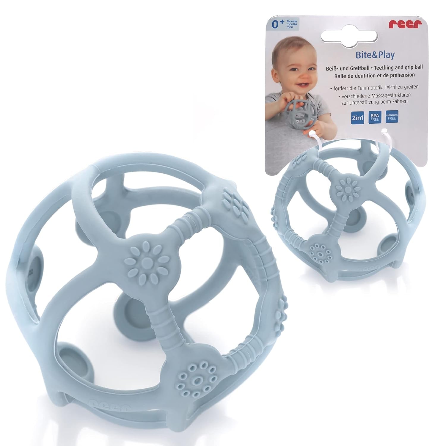 Reer Bite&Play Boule de dentition et attrape-bébé, anneau de dentition et jouet pour les tout-petits, excellent cadeau