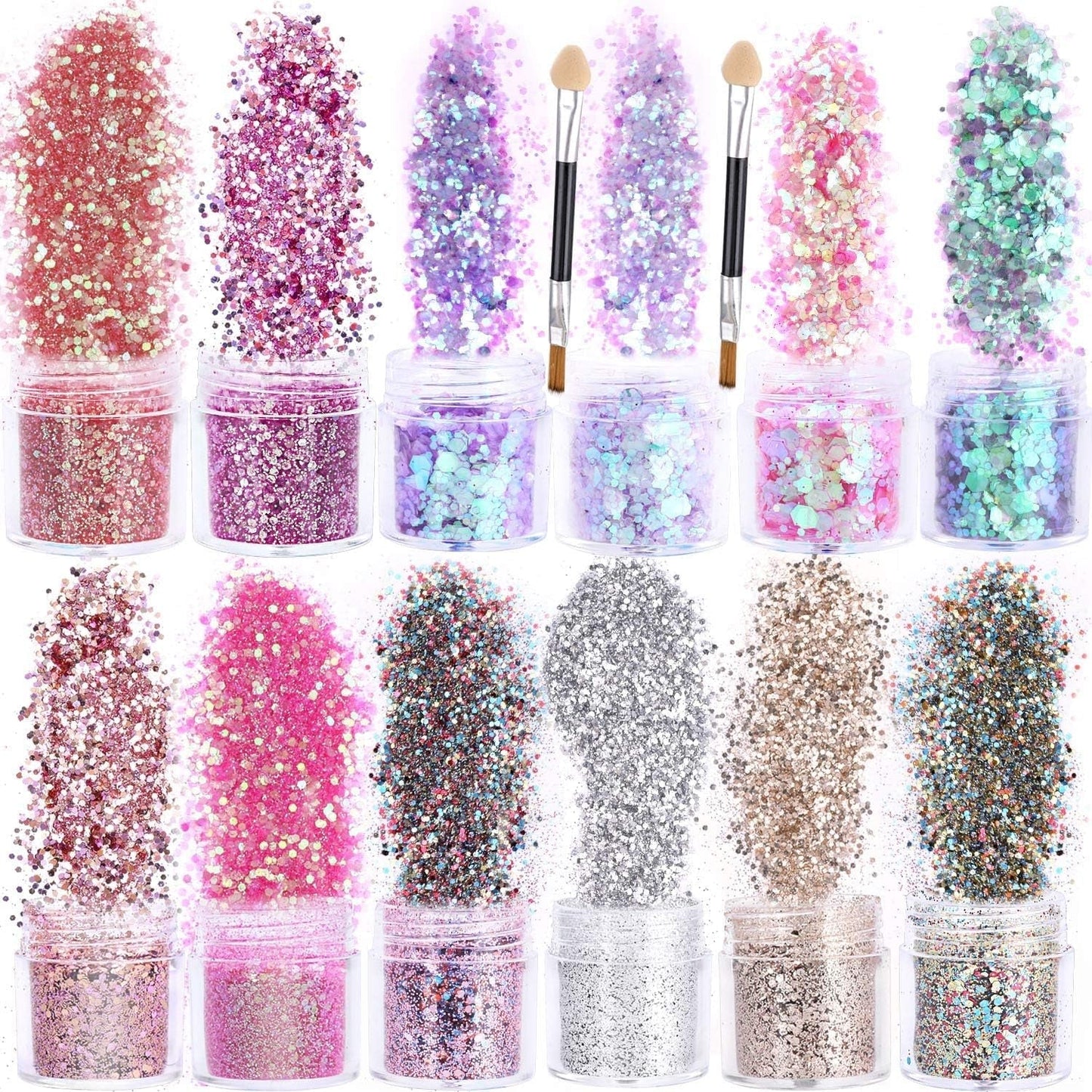 HOWAF 12 boîtes de pinceaux à paillettes pour le visage et le corps, maquillage à paillettes pour les yeux, les lèvres, les cheveux, décoration du corps, Halloween, Noël, festival, mascarade, accessoires de maquillage
