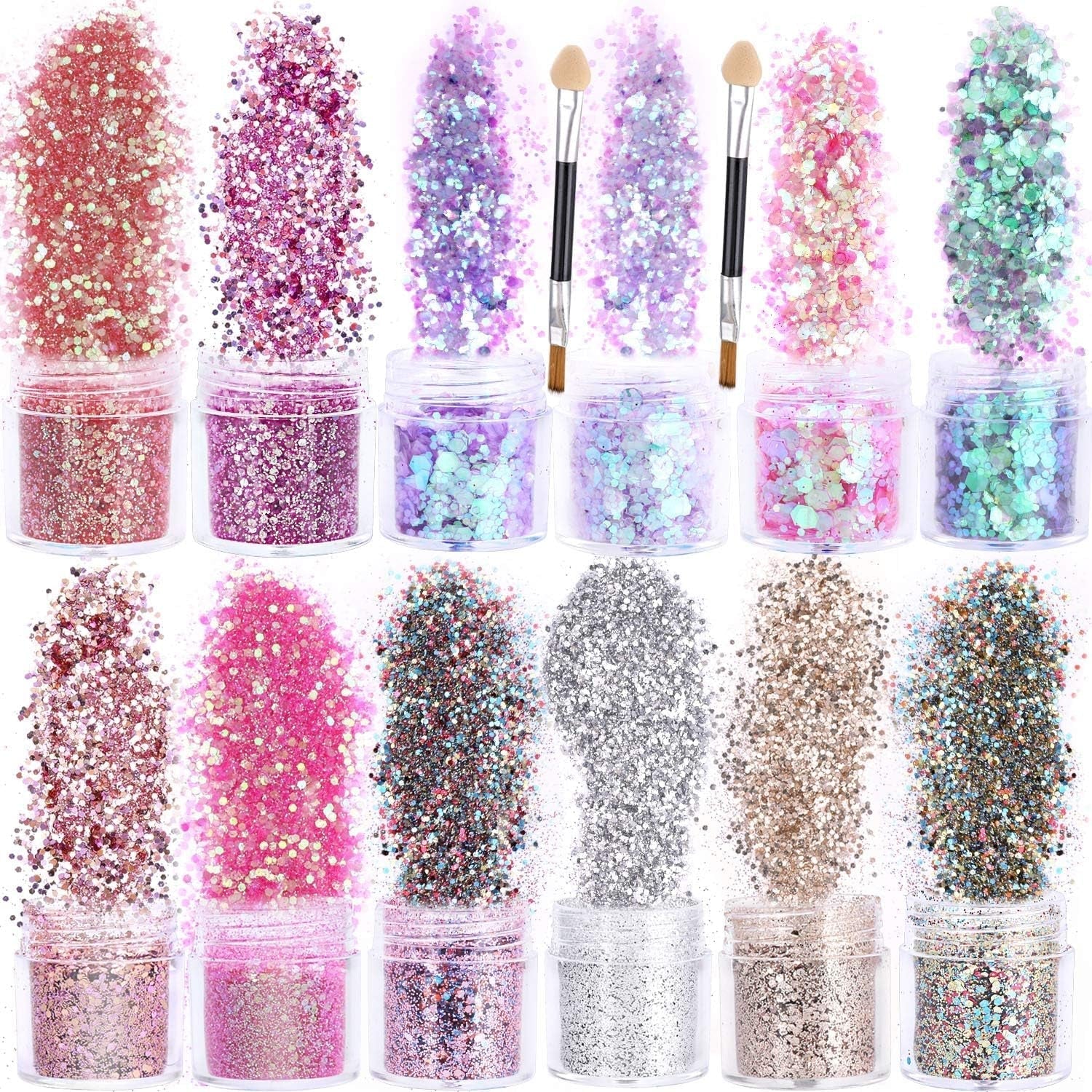 HOWAF 12 boîtes de pinceaux à paillettes pour le visage et le corps, maquillage à paillettes pour les yeux, les lèvres, les cheveux, décoration du corps, Halloween, Noël, festival, mascarade, accessoires de maquillage