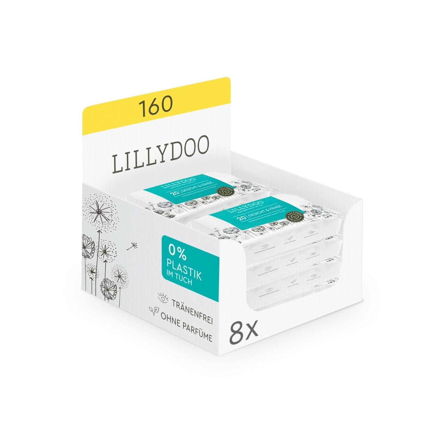 LILLYDOO Feuchttucher Gesicht und Hände 160 Stück (8 X 20), 100% Plastikfrei Naty Shop