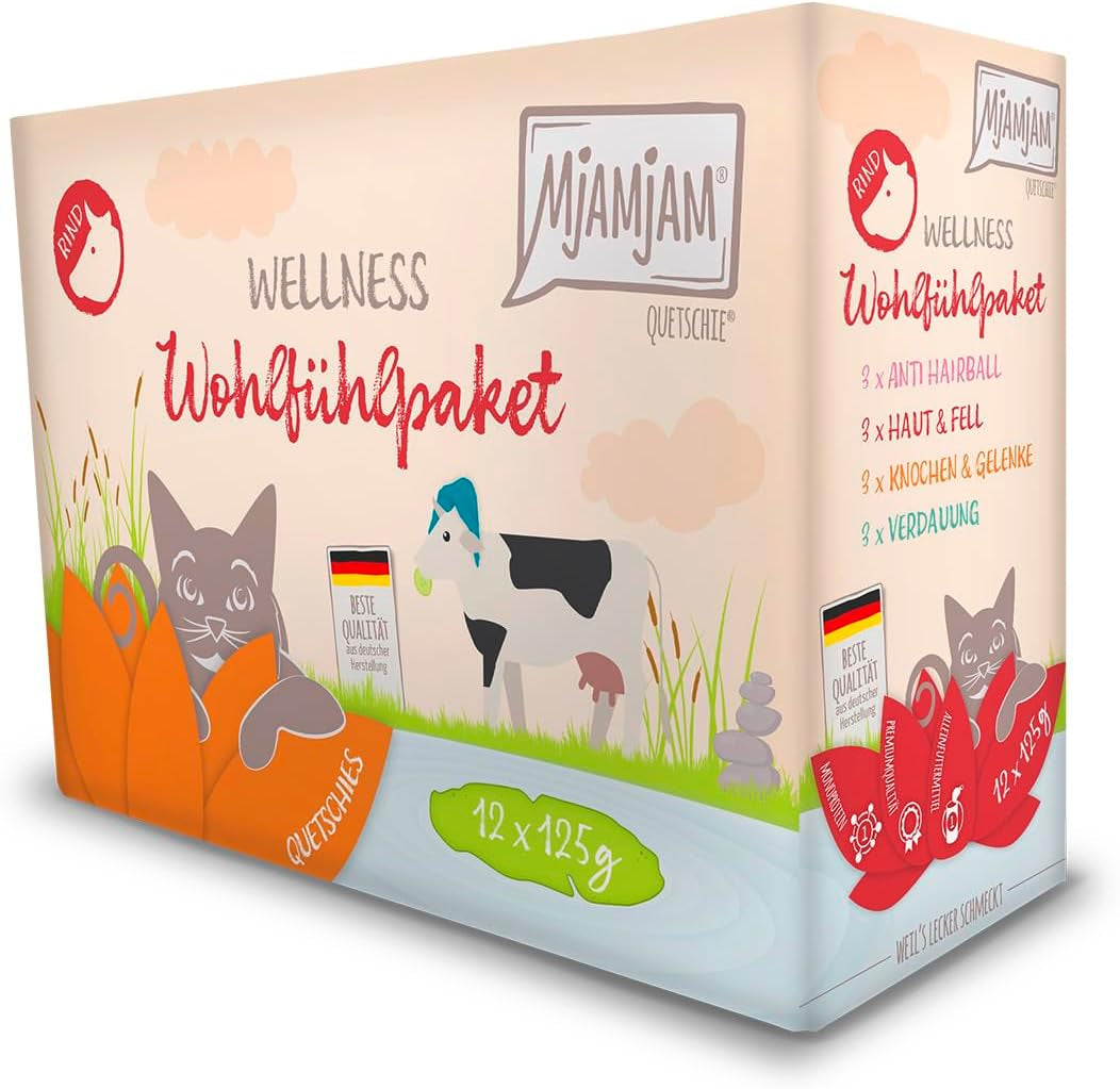 MjAMjAM - Nourriture humide de qualité supérieure pour chats - Pack bien-être au bœuf, paquet de 12 (12 x 125 g), sans céréales avec viande supplémentaire