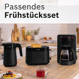 Bosch MyMoment TKA2M113 Machine à expresso à filtre, carafe en verre 1,25 L, 10-15 tasses, fonction maintien au chaud 40 minutes, système anti-goutte, porte-filtre rotatif, réservoir d'eau amovible, 1200 W, noir mat