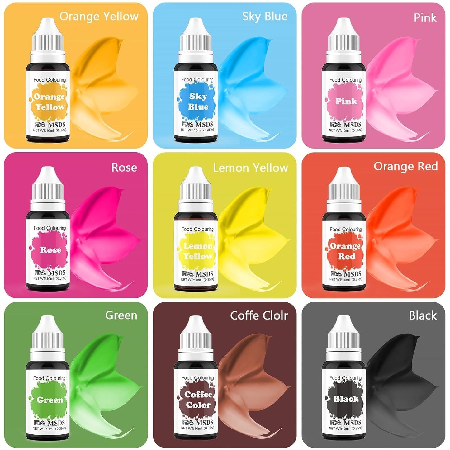 Colorant alimentaire 9 x 10 ml, colorant alimentaire liquide – ensemble de colorants alimentaires pour décorer des gâteaux, macarons, beignets, fudge, glaçage, savons DIY, crème glacée, colorant pour savon, colorant pour pistolet pulvérisateur