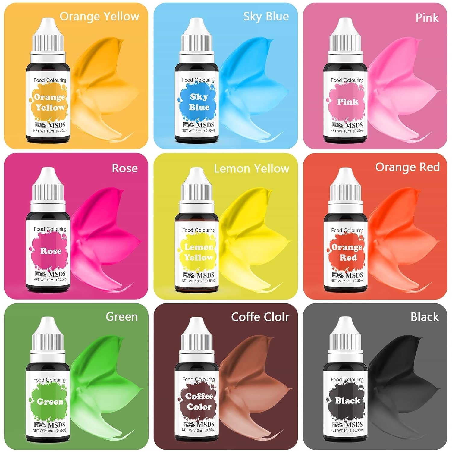 Colorant alimentaire 9 x 10 ml, colorant alimentaire liquide – ensemble de colorants alimentaires pour décorer des gâteaux, macarons, beignets, fudge, glaçage, savons DIY, crème glacée, colorant pour savon, colorant pour pistolet pulvérisateur