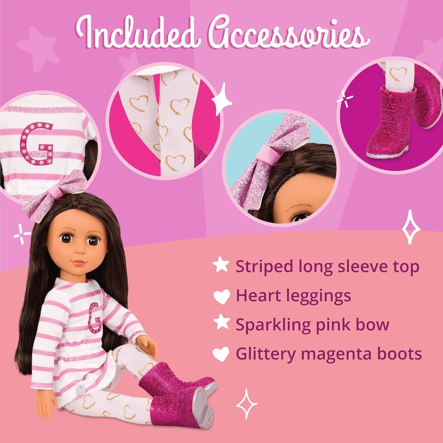 Glitter Girls - Sarinia - Poupée Mannequin Articulée 36 cm - Cheveux Raides Marron et Yeux Marron - Tunique Rayée et Bottes à Paillettes - 3 Ans +