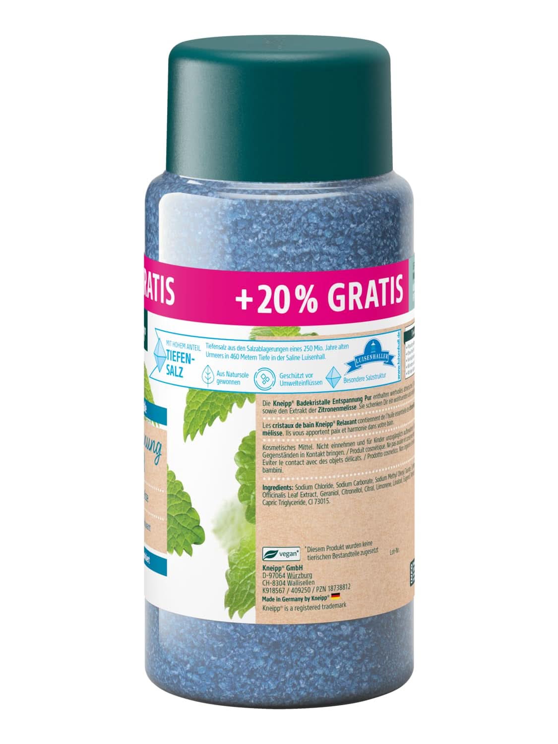 Cristaux de bain Kneipp Pure Relaxation - Taille spéciale - Avec sel naturel de Luisenhall, sel profond, huile essentielle de mélisse indienne et extrait de mélisse Édition limitée 720G Naty Shop Douche et bain