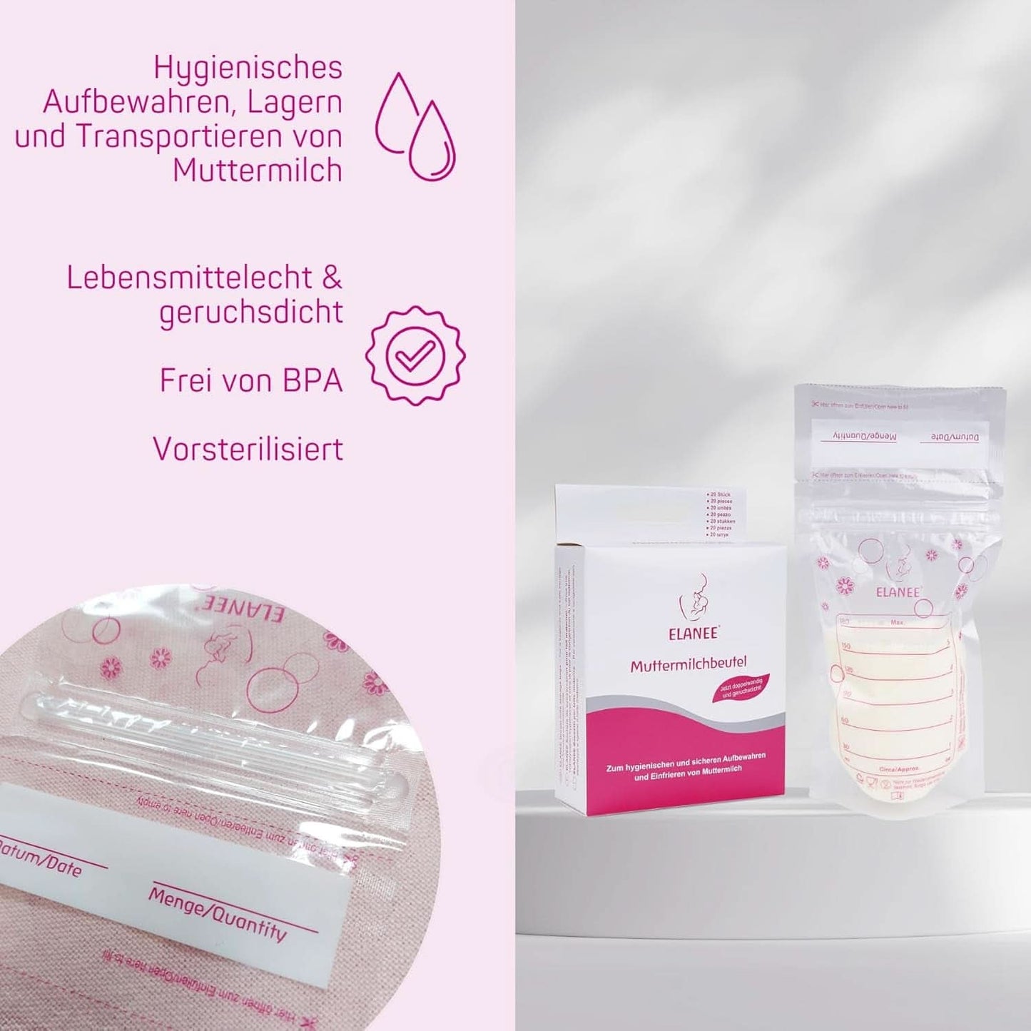 ELANEE Muttermilchbeutel, Aufbewahren & Einfrieren von Muttermilch, Geschmackneutral Und Vorsterilisiert, Doppelter Sicherheitsverschluss, 20 Stück, Mit Standfuß (711-00) Aliments pour bébés et accessoires d'allaitement Naty Shop