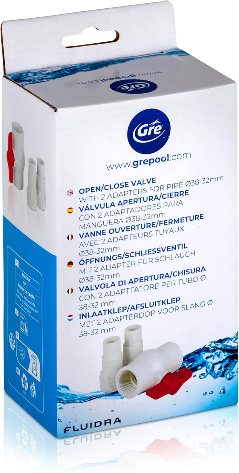 Gre AR512 - Vanne tout ou rien avec 2 adaptateurs pour tuyaux Ø38 et Ø32 mm