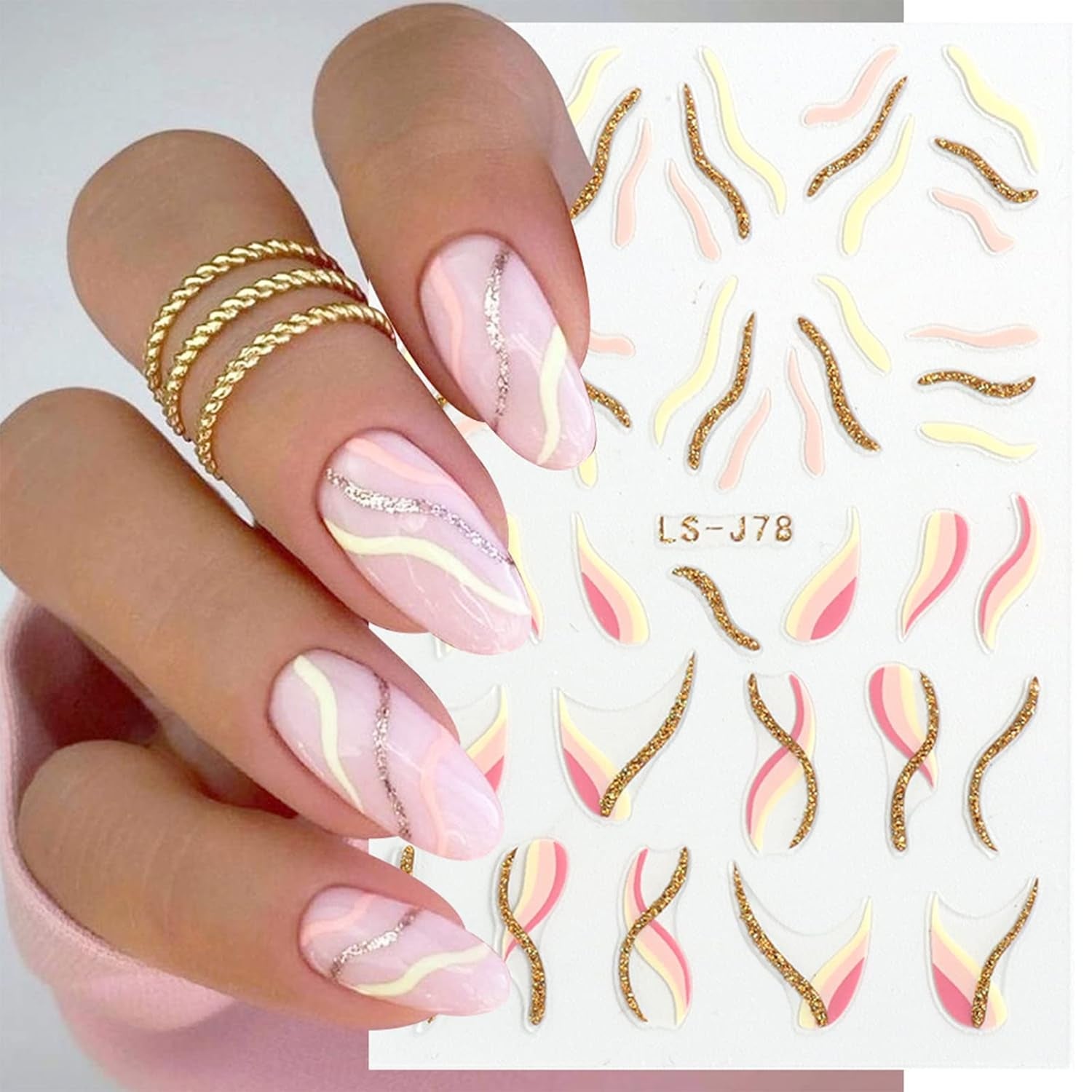 JMEOWIO Nagelsticker Französische Tipp 9 Blatt Nail Art Sticker Selbstklebend Nagelaufkleber Glitzer Wellenlinie Dekoration Nageldesign Zubehör