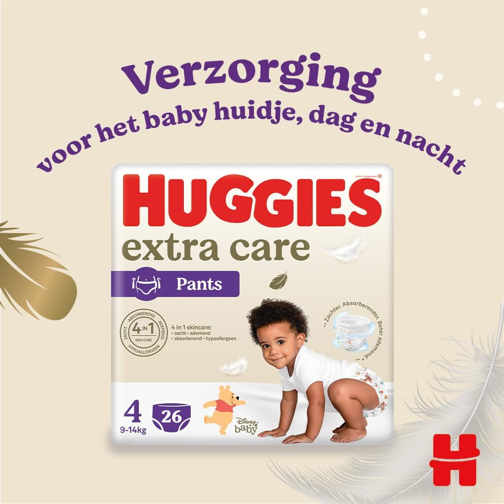 Couches Huggies Extra Care Taille 4 (9-14 kg), 4 paquets de 26 couches - 4280 g