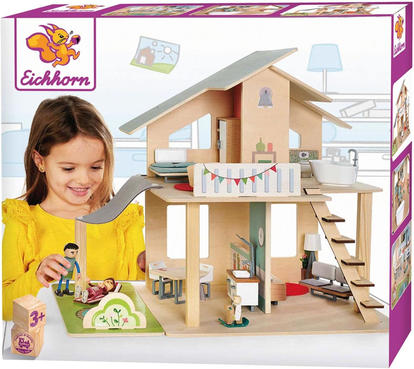 Eichhorn - Maison de poupée avec accessoires - Incl. meubles et 3 figurines, Non assemblé, En bois, 25 pièces, 53X36X44 cm de large, À partir de TROIS ans Naty Shop maisons de poupées