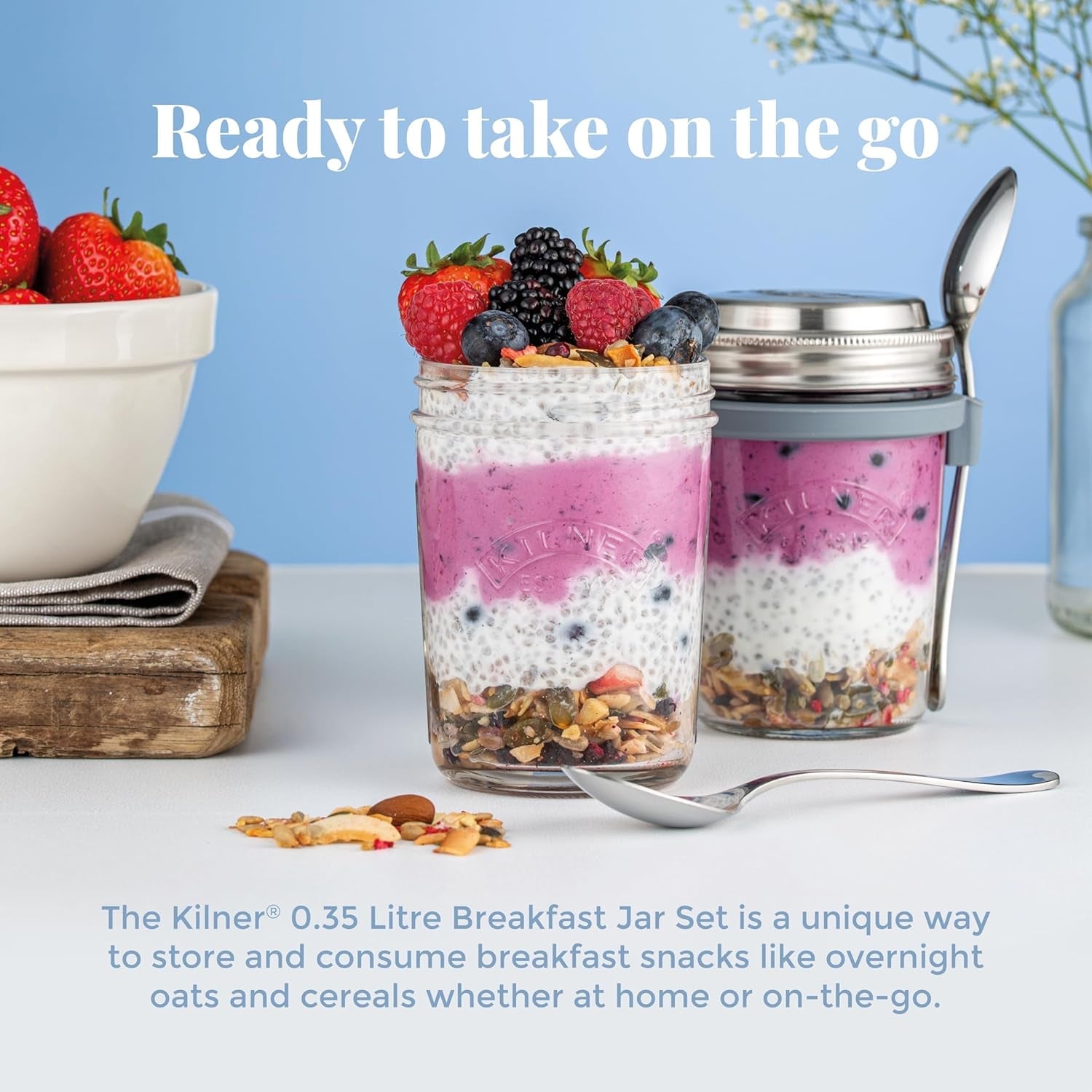 Pot de petit-déjeuner Kilner avec cuillère / 350 ml, Ø 9,5 cm / 5 pièces | tasse de muesli à emporter / non toxique / récipient en verre avec couvercle pour muesli, porridge et yaourt / contenant d'avoine pour la nuit Naty Shop Boîtes de conservation des aliments