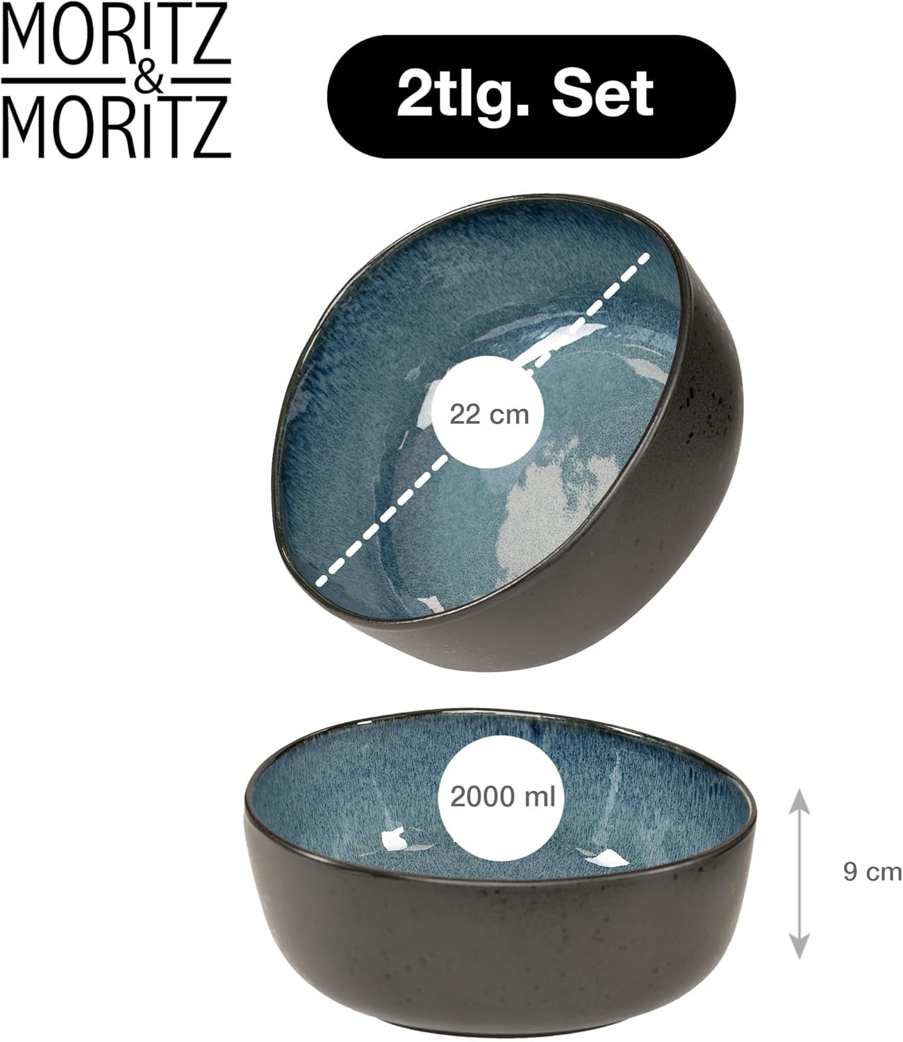 Moritz & Moritz Ensemble de bols de service BIO, Bleu - 2 grands bols en grès de haute qualité, modernes et intemporels, passent au micro-ondes et au lave-vaisselle - parfaits pour les salades, les pâtes, les collations et plus encore