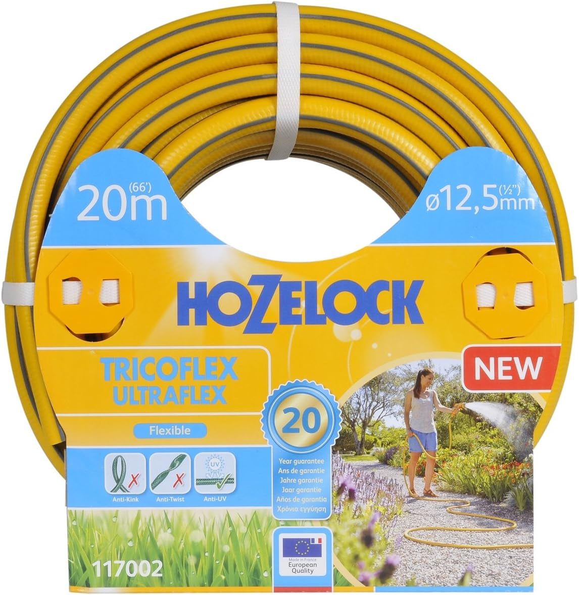 HOZELOCK - Tuyau Tricoflex Ultraflex Ø 12,5 mm (1/2") 20 M : Tuyau d'arrosage flexible, résistant aux intempéries, résistant à la torsion et à la flexion, composé à 40 % de PVC recyclé [117002], jaune