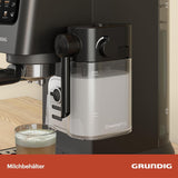 Machine à expresso porte-filtre GRUNDIG KSM 5330 avec réservoir à lait intégré, puissance 1628 W, pression de pompe 15 bar, double buse, écran tactile couleur, BrewSense, CreamyPro, acier inoxydable foncé/noir