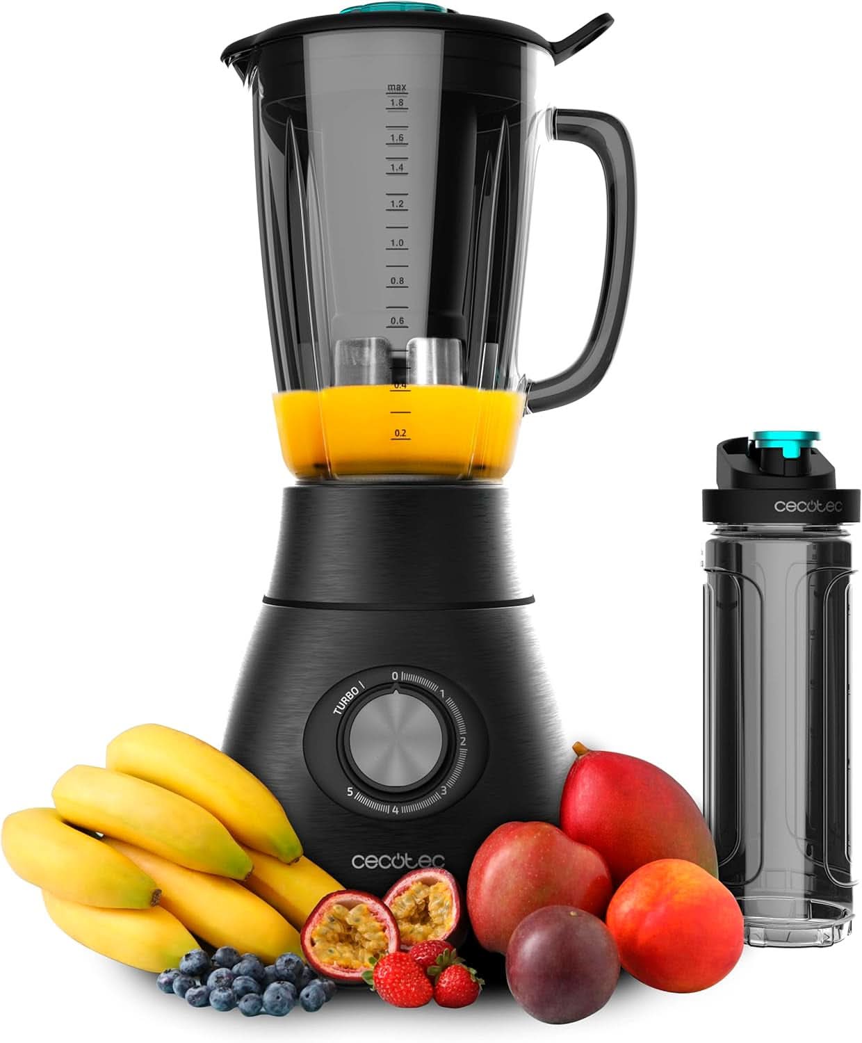 Cecotec Batteur sur socle Power Black Titanium 2200MAX Smooth, 2200 W Vitesse Maximale, 6 Klingen Aus Edelstahl, Fonction Ice-Crush, Fonction Turbo et Smoothie, Fonction Autoclean Kitchen Naty Shop Schwarz 2500 W | 1,8 L + tirage Flasche