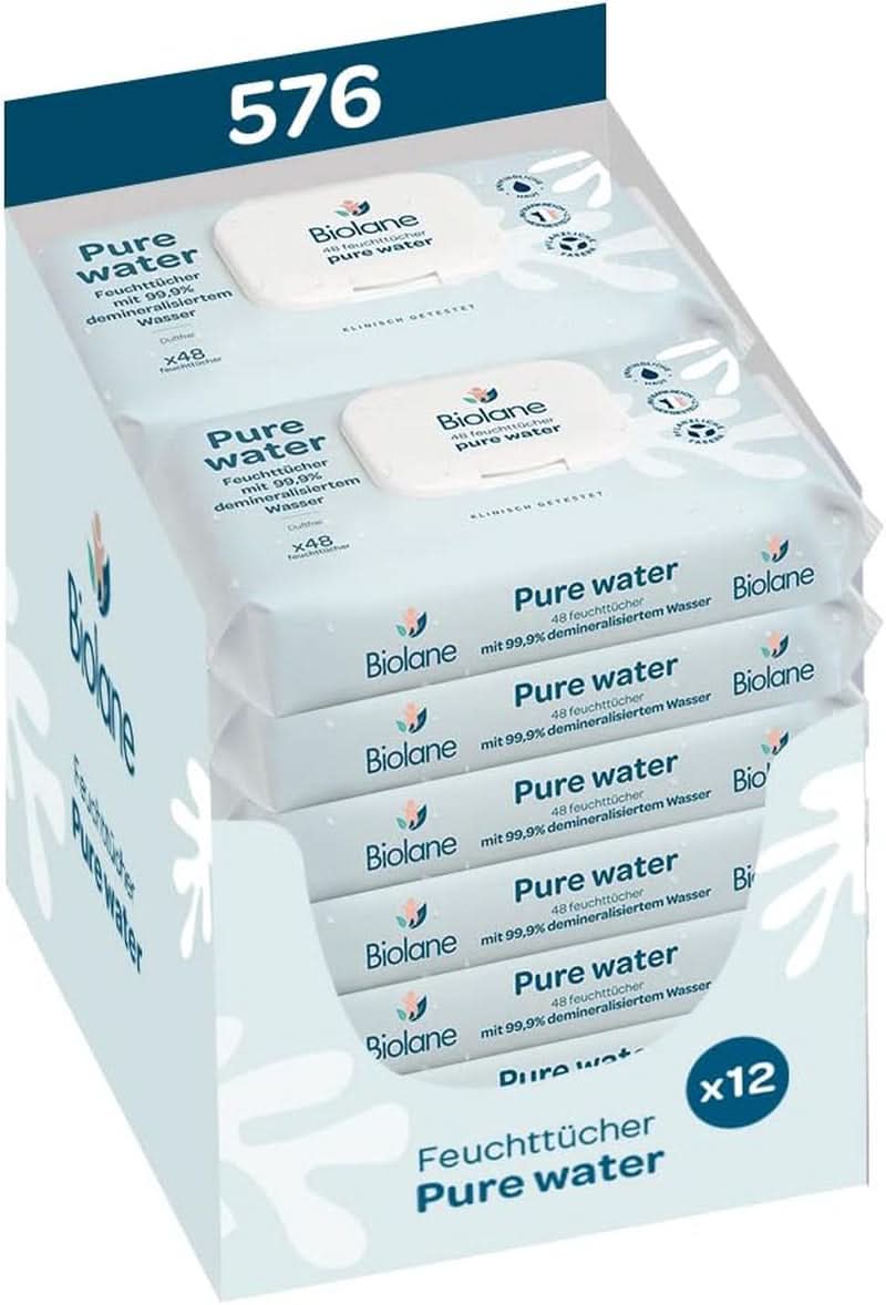 BIOLANE - Feuillage pour bébé avec eau 99,9% - Eau pure - Emballage avec 12 X 48 (576 Feuillage) - Pour Empfindliche Haut - Ab der Geburt - Duftfrei - Wechseln Und Reinigungspflege Naty Shop