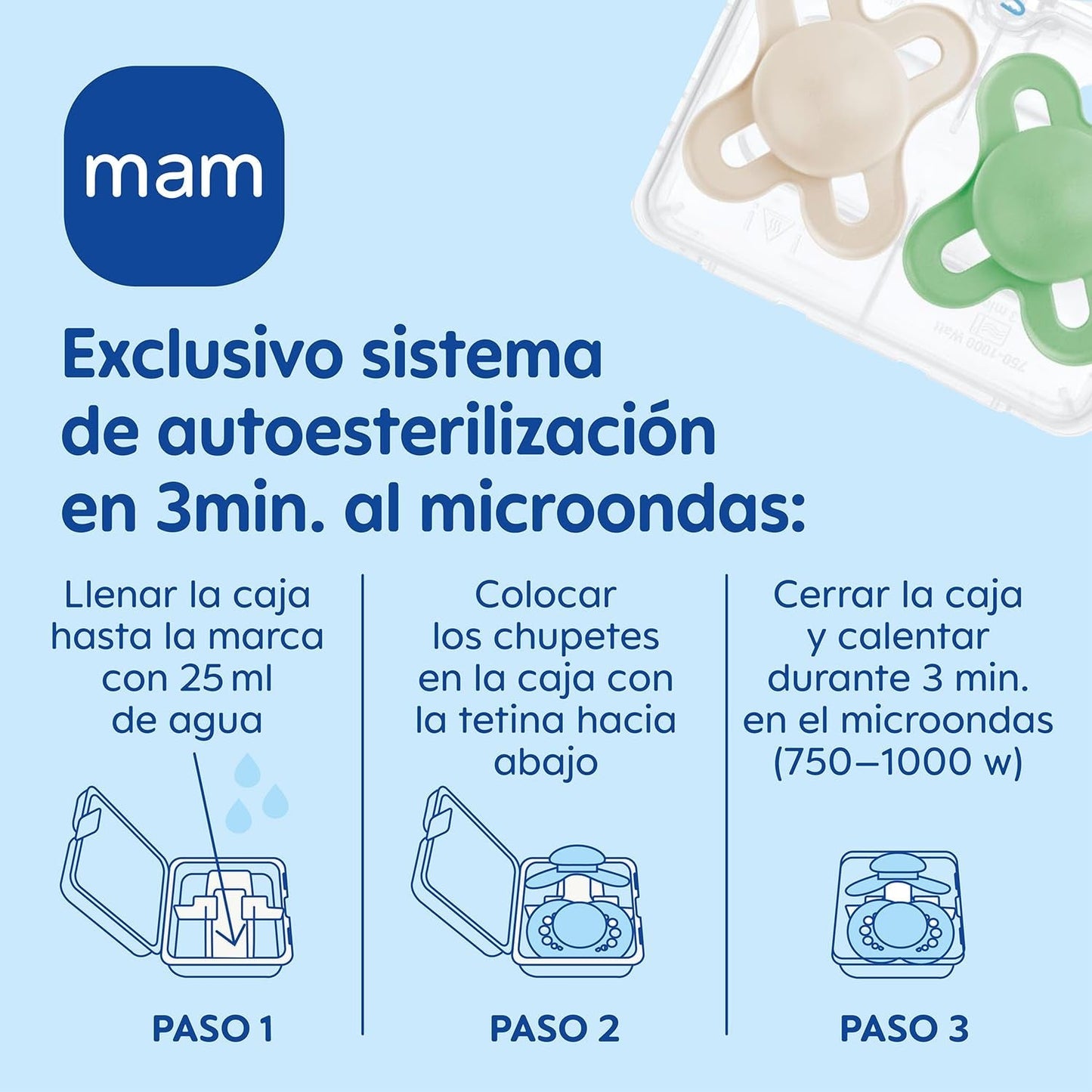 MAM Sucette Bébé 0-2 Mois Tétine Plate Flexible Symétrique Silicone Souple Facile à Utiliser avec Boîte Auto-stérilisante Original Neutre Mat 2 Pièces