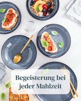 Service de vaisselle 18 pièces en grès céramique pour 6 personnes, design Ibiza, GAGNANT DU TEST. Un magnifique ensemble de vaisselle méditerranéenne en grès céramique comprenant des bols et des assiettes. Service de table Pure Living en bleu fumé.