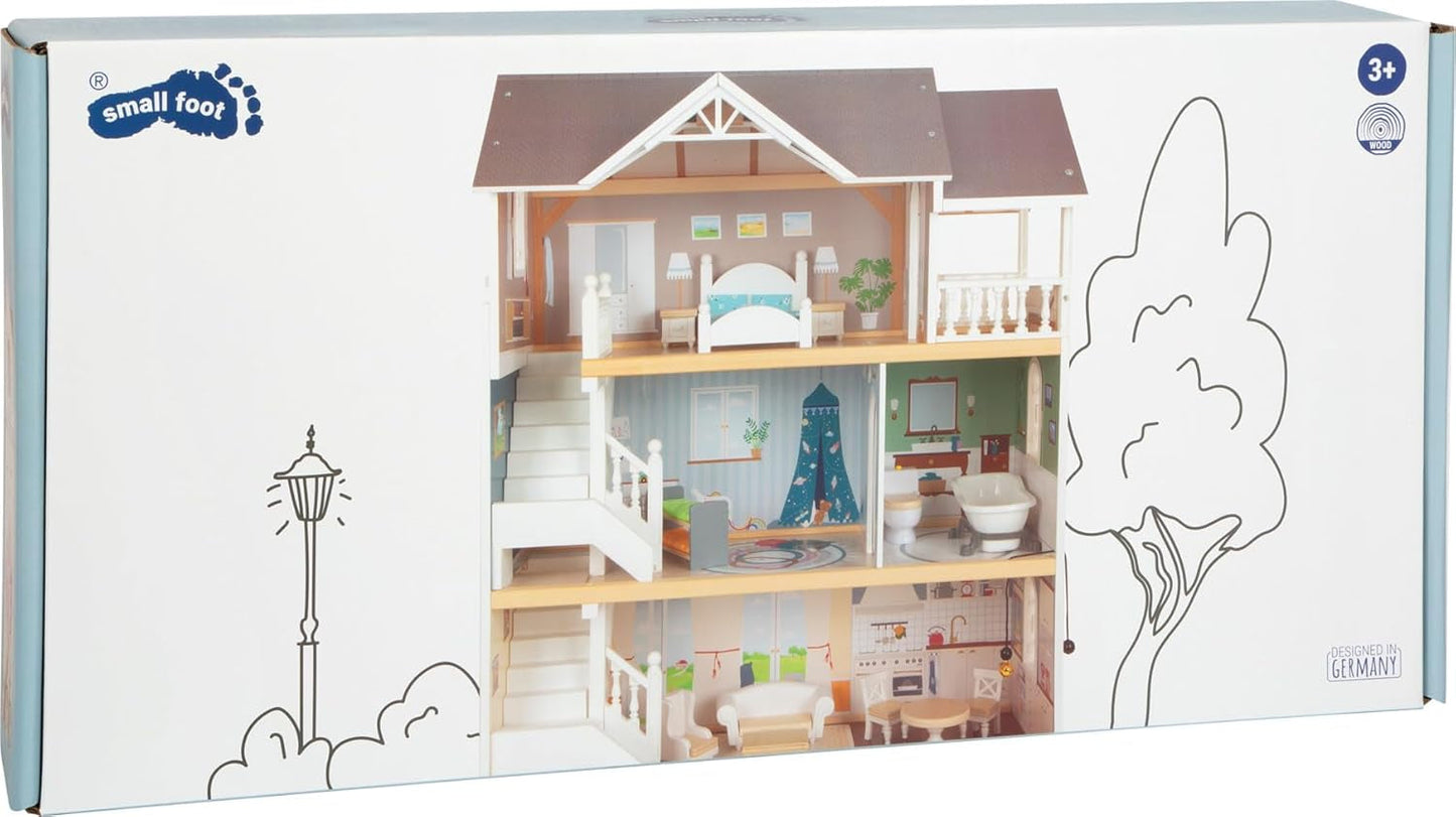 Small Foot Maison de poupée en bois à 3 étages avec façade ouverte et 12 meubles pour 3 ans et plus 11802 Blanc Gris